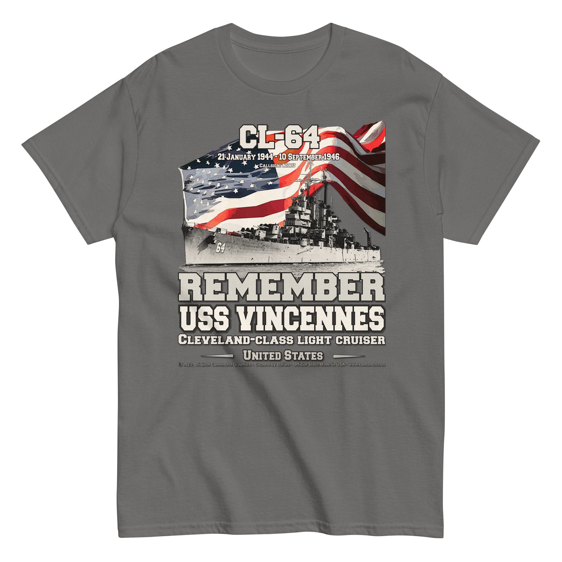 USS VINCENNES CL-64 Light Cruiser T-shirt, Comancha t-shirt,