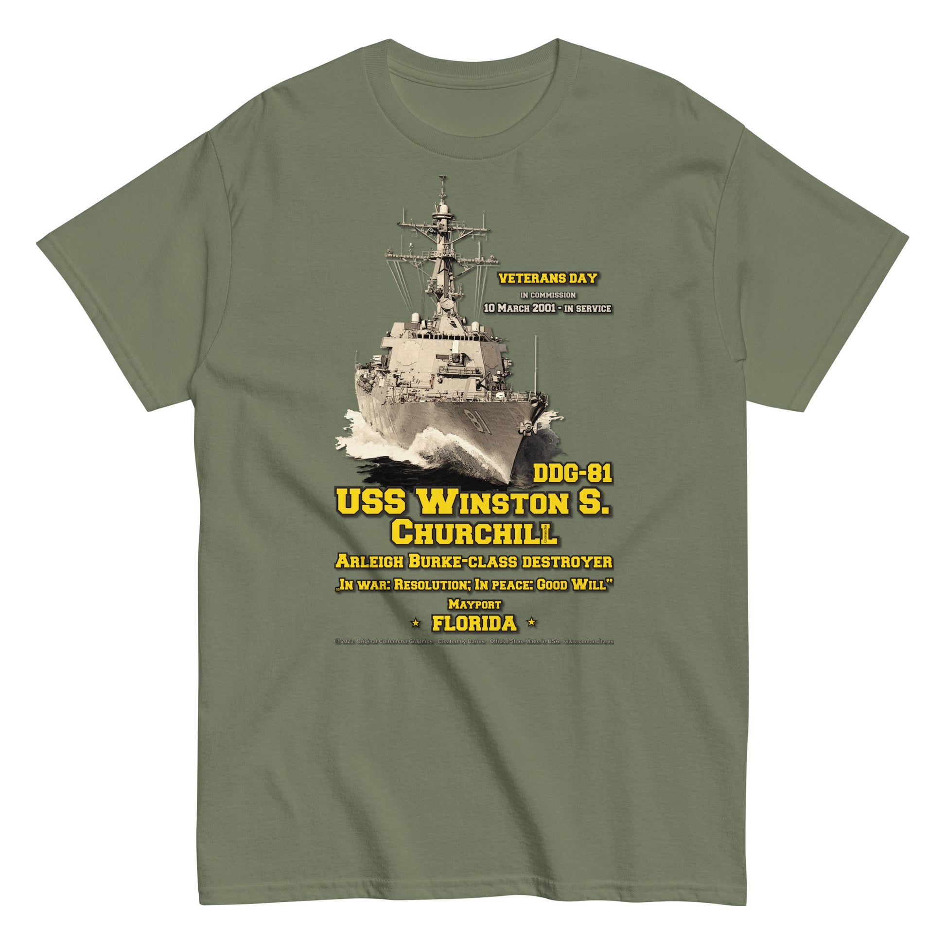 USS Winston Churchill DDG-81 Destroyer T-Shirt, Comancha Military Design,