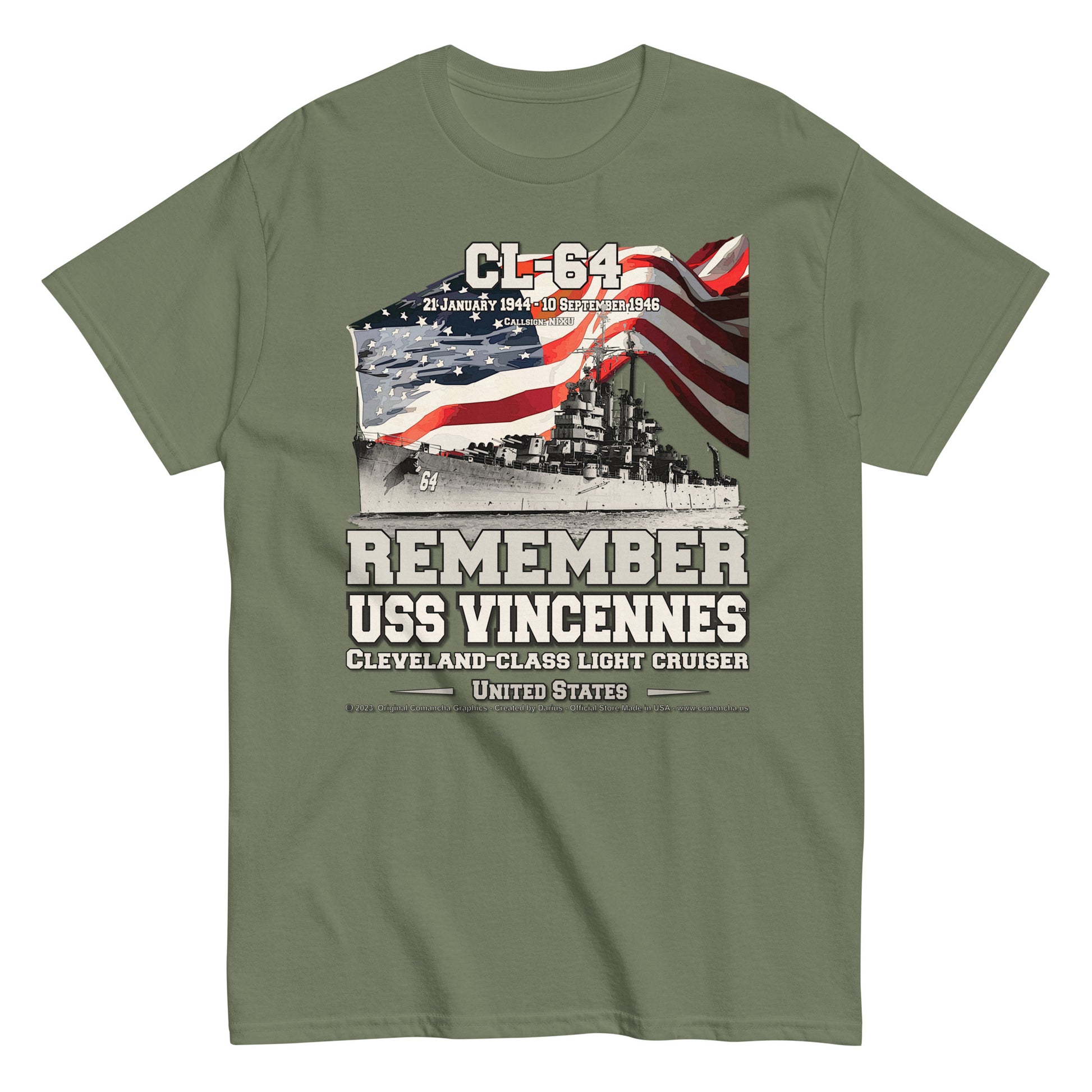 USS VINCENNES CL-64 Light Cruiser T-shirt, Comancha t-shirt,
