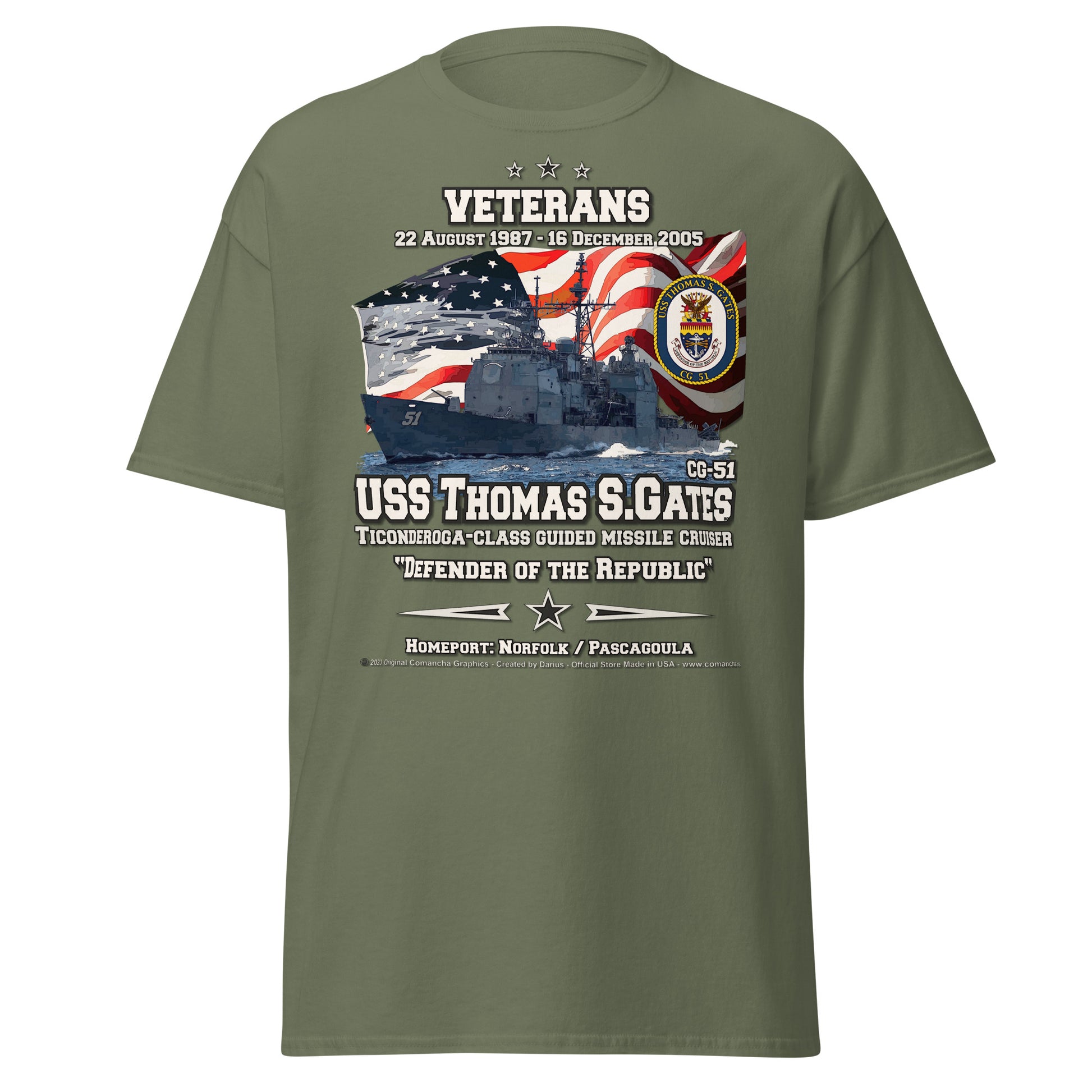 USS THOMAS GATES CG-51 Missile Cruiser Veterans Tee, Comancha Graphics,