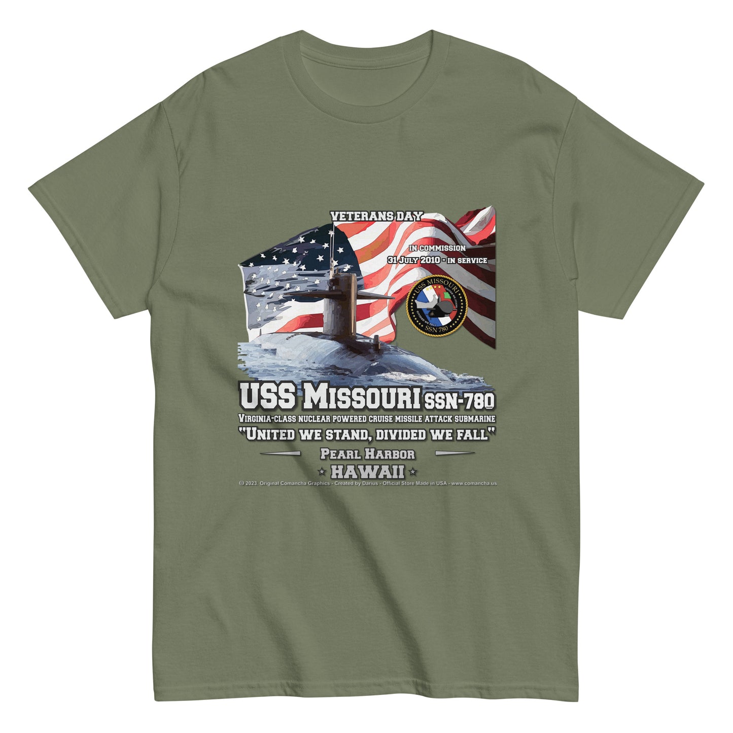 USS MISSOURI SSN-780 Submarine T-Shirt, Comancha Navy t-shirts,