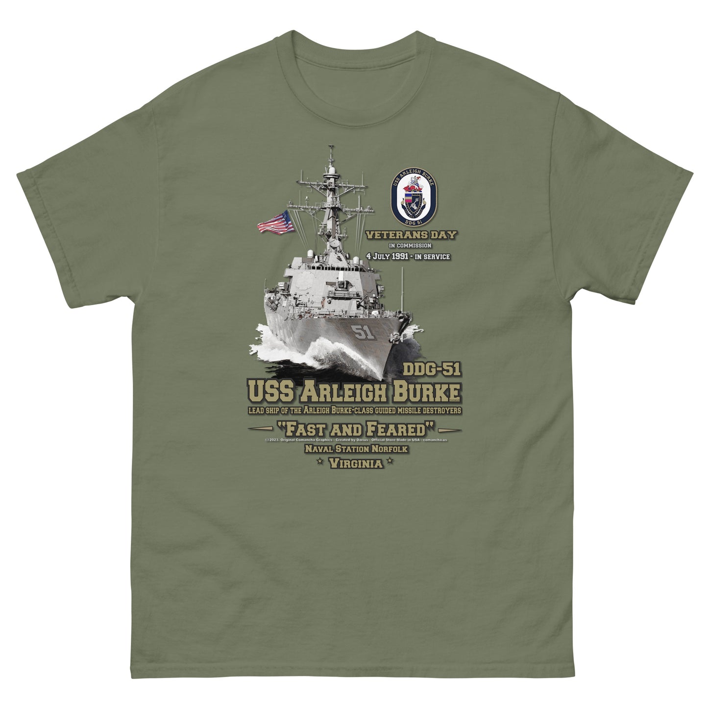 USS ARLEIGH BURKE DDG-51 t-shirt, USS ARLEIGH BURKE DDG-51 Veterans,USS ARLEIGH BURKE DDG-51 Destroyer Tee, Comancha Navy tees, US Navy T-shirt, US Navy veterans T-shirt,