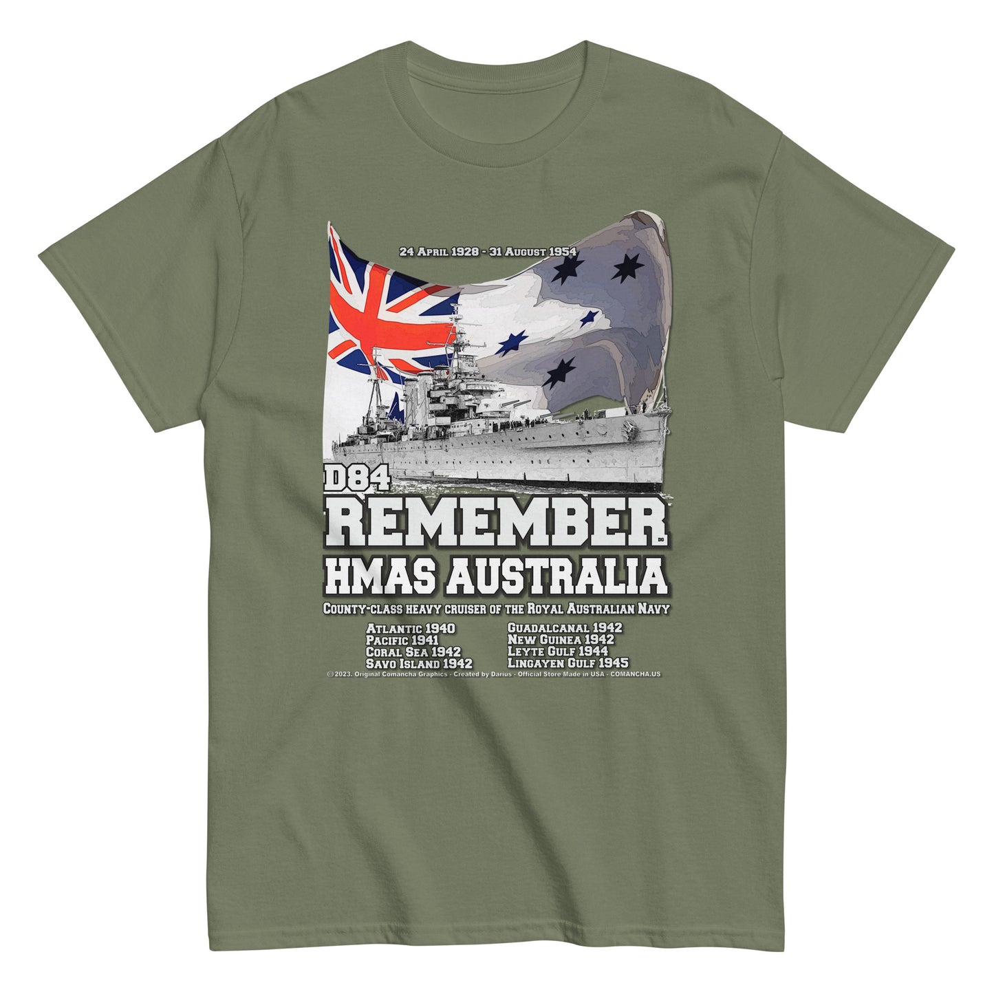 HMAS AUSTRALIA t-shirt, HMAS AUSTRALIA Royal Canadian Navy tee,HMAS AUSTRALIA D-84 Cruiser T-shirt, HMAS AUSTRALIA T-shirt, Comancha tees,