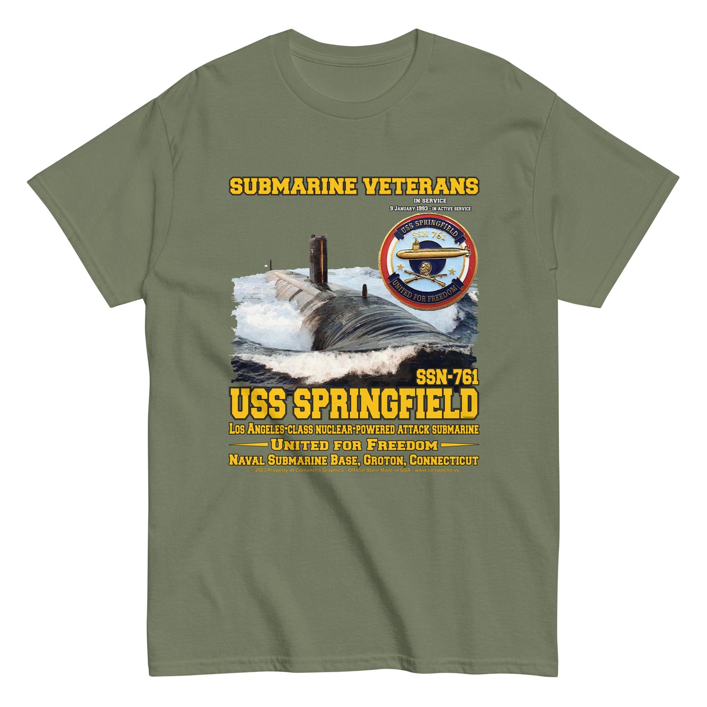 USS Springfield t-shirt, SSN-761 Submarine T-Shirt, comancha graphics,