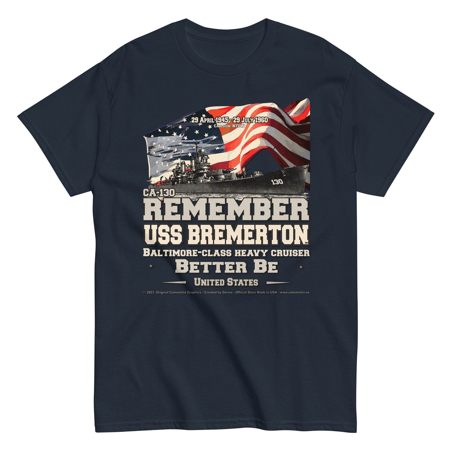 USS BREMERTON CA-130 Heavy Cruiser T-shirt, Comancha desig