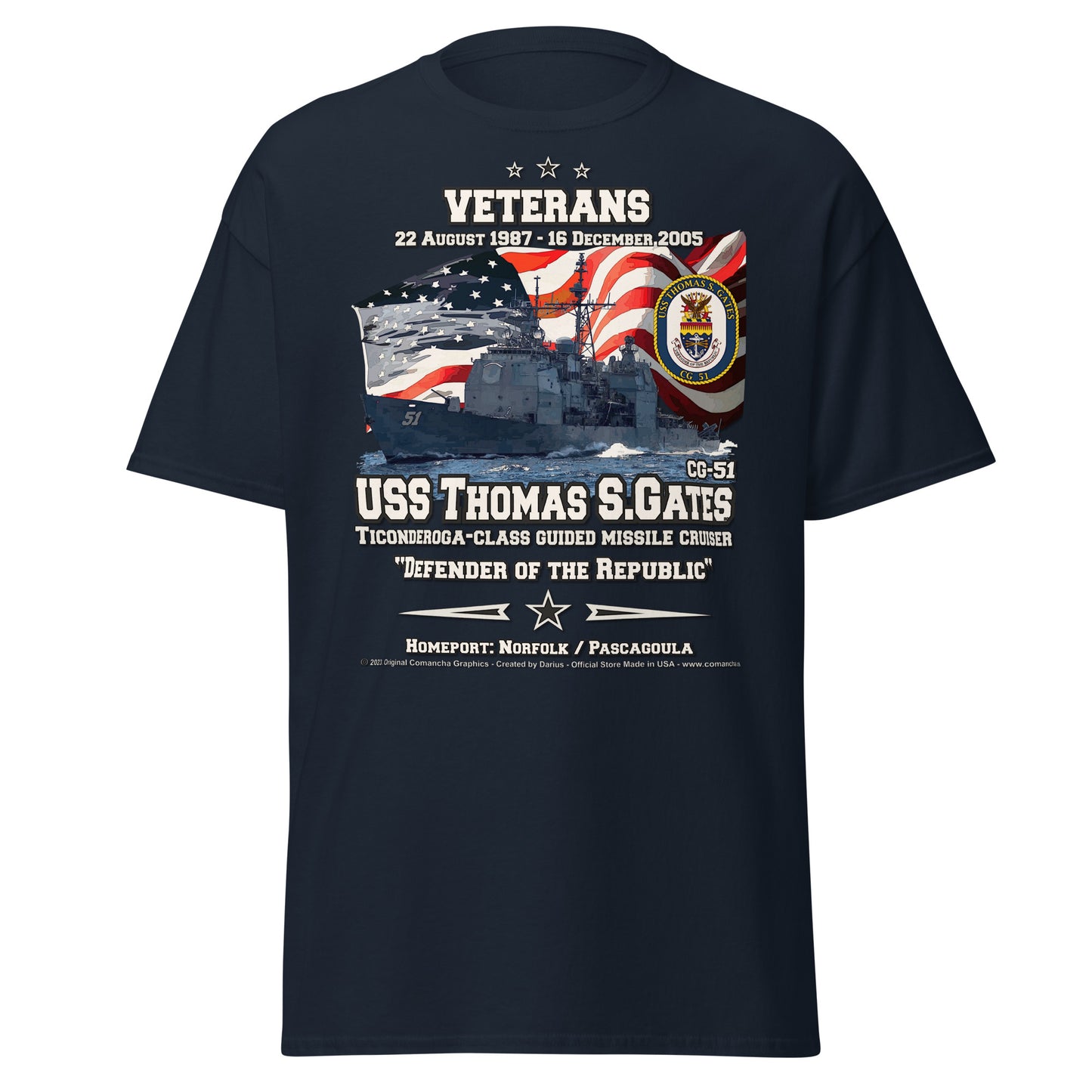 USS THOMAS GATES CG-51 Missile Cruiser Veterans Tee, Comancha Graphics,