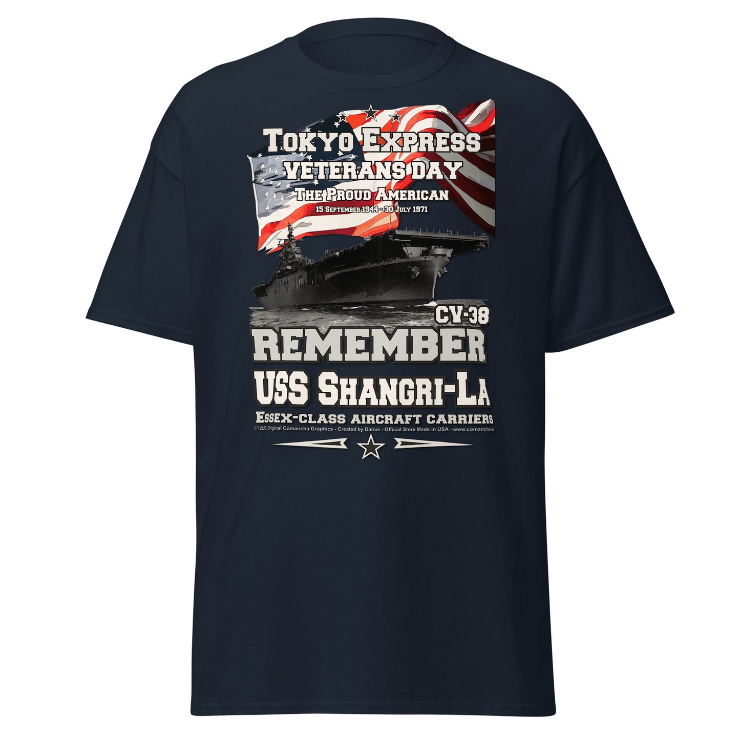USS SHANGRI-LA CV-38 Aircraft Carrier Veterans T-shirt, comancha,