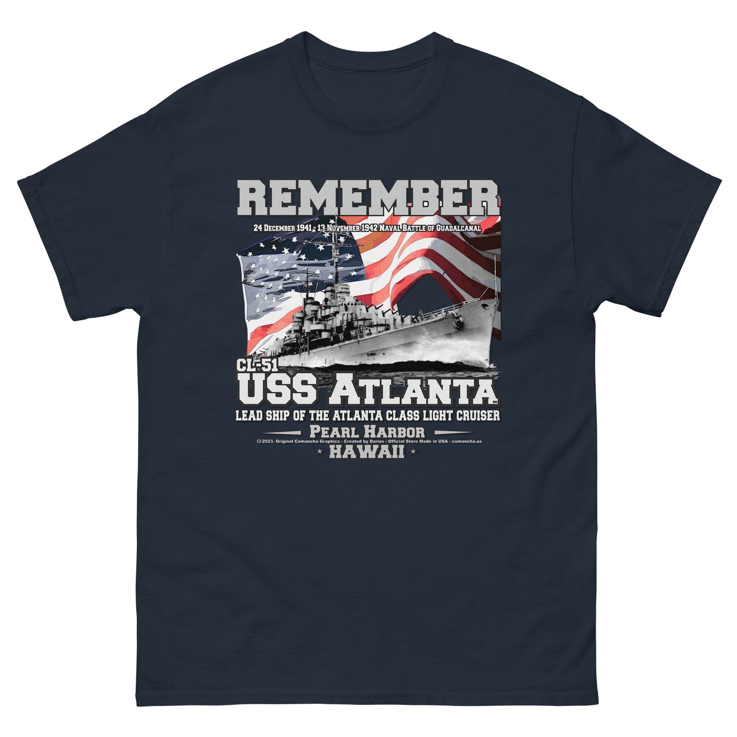 USS ATLANTA t-shirt, USS ATLANTA CL-51 t-shirt, Light Cruiser Veterans T-shirt, USS ATLANTA Vetrans T-shirts, US Navy t-shirt, Comancha Graphics,