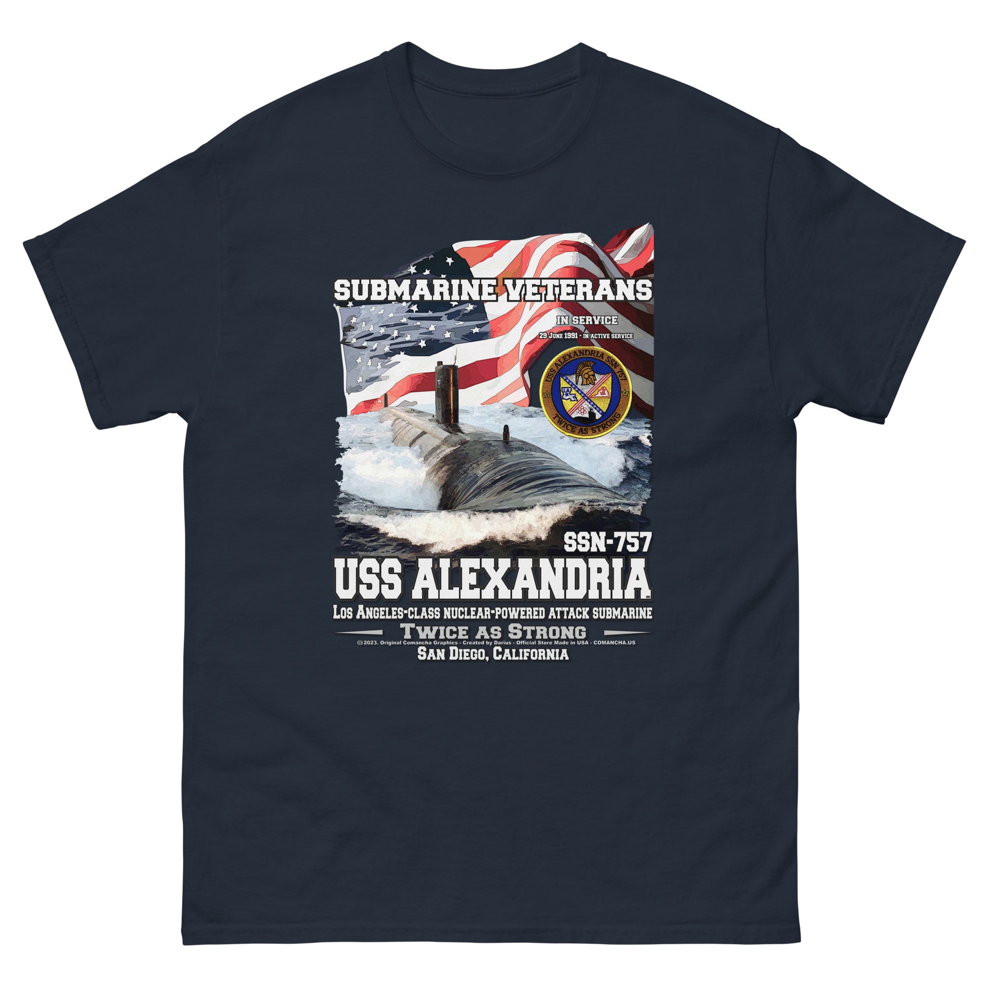 USS ALEXANDRIA SSN-757 t-shirt, US Navy T-shirt, Navy Veterans t-shirt, Submarine Veterans T-shirt, USS ALEXANDRIA T-shirt, Comancha Military T-shirt,