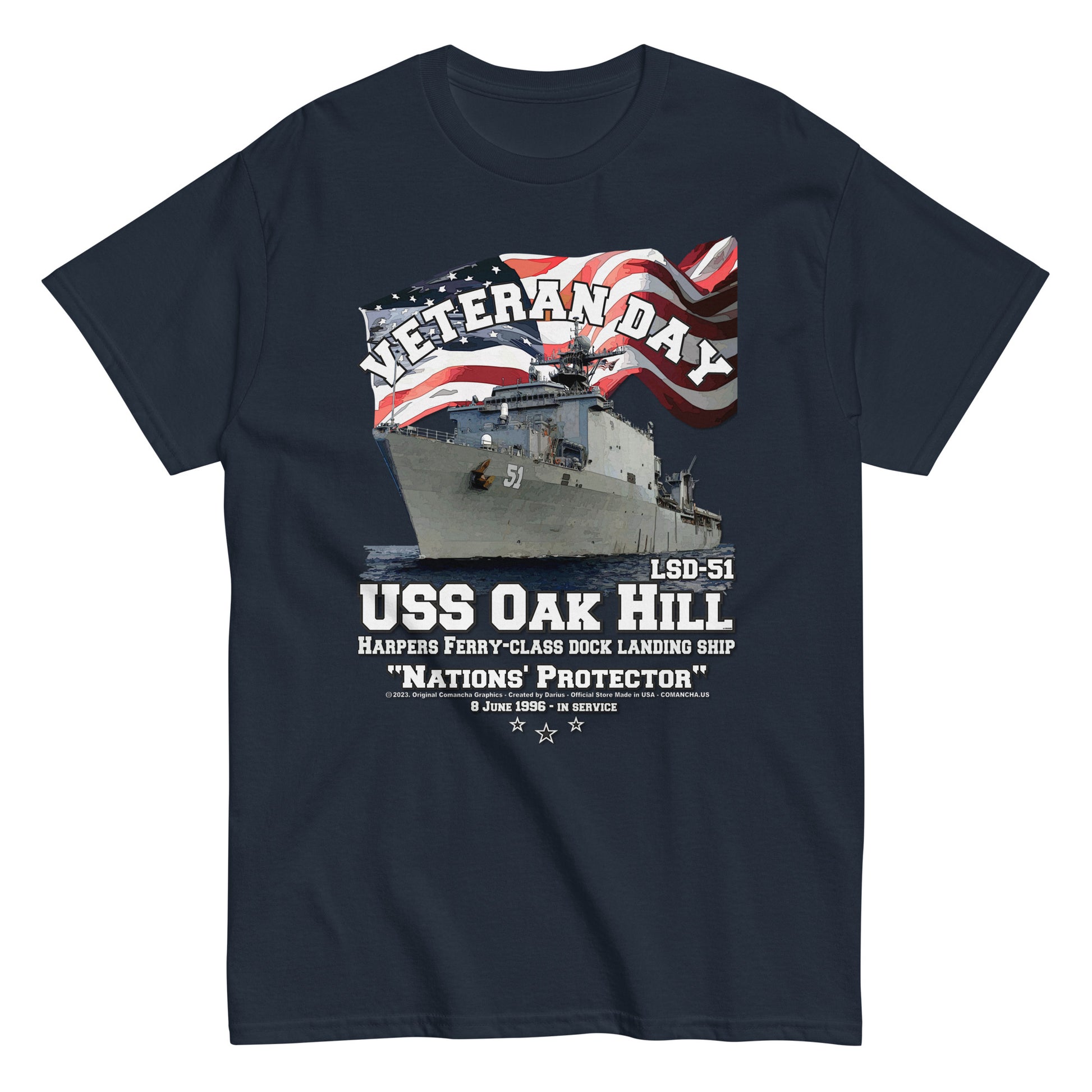 USS OAK HILL tee, USS OAK HILL veterans tee,USS OAK HILL LSD-51 US Navy Dock Landing Ship T-shirt,USS OAK HILL LSD-51 tee, US Navy Dock Landing Ship T-shirt, Comancha graphics tee,
