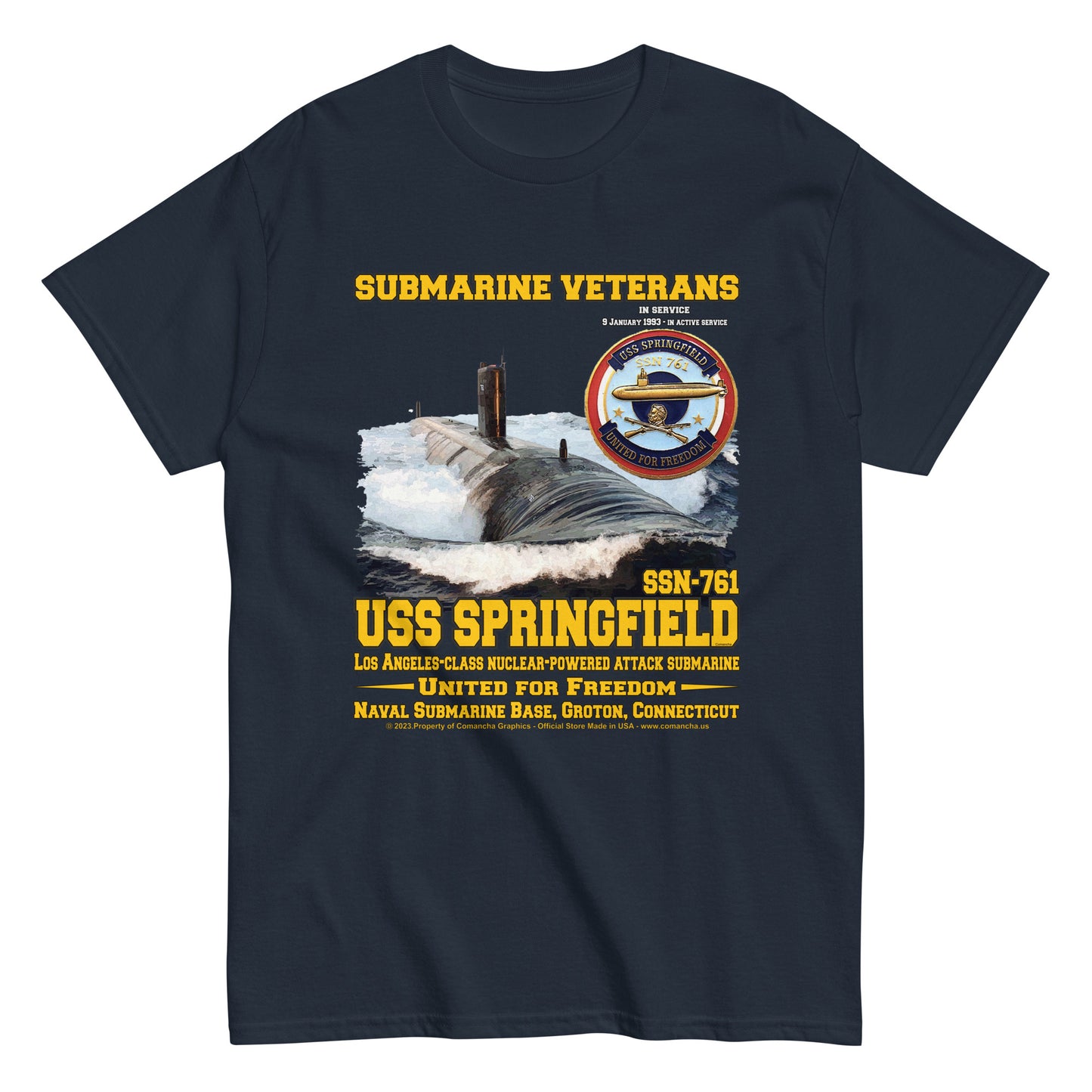USS Springfield t-shirt, SSN-761 Submarine T-Shirt, comancha graphics,