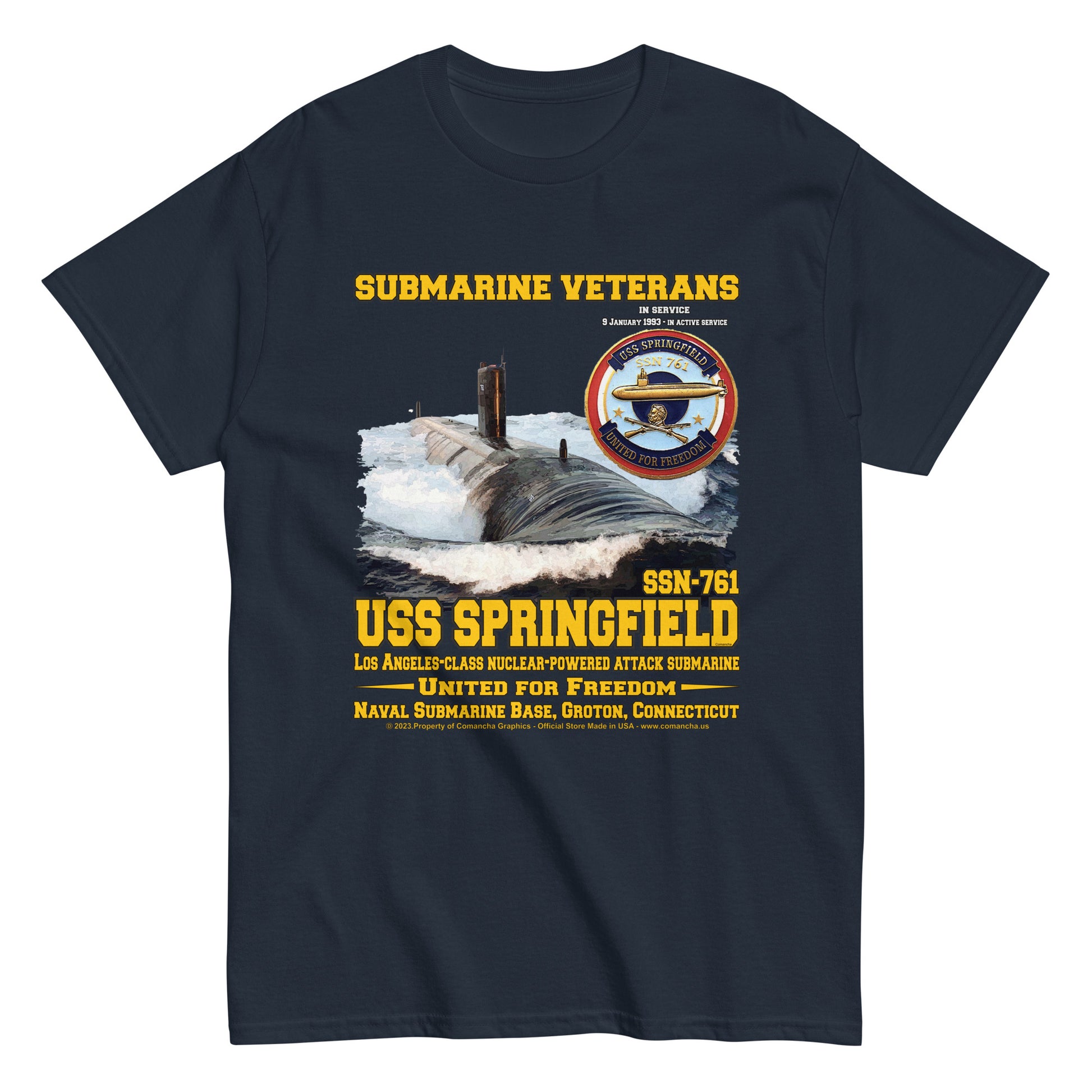 USS Springfield t-shirt, SSN-761 Submarine T-Shirt, comancha graphics,