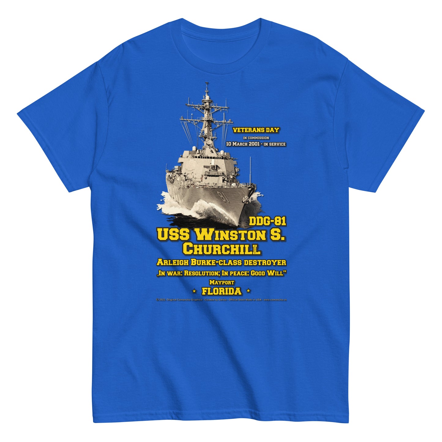 USS Winston Churchill DDG-81 Destroyer T-Shirt, Comancha Military Design,