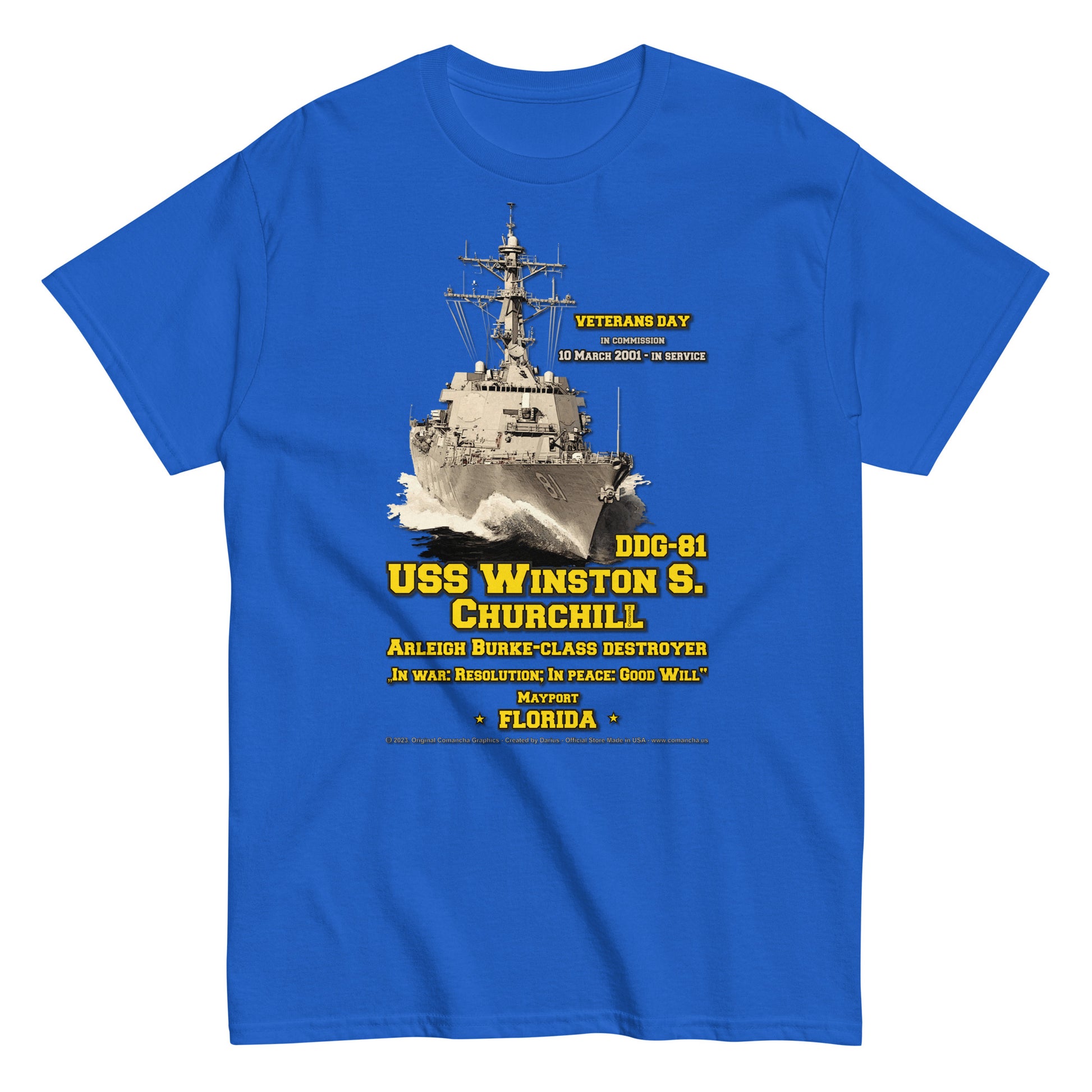 USS Winston Churchill DDG-81 Destroyer T-Shirt, Comancha Military Design,