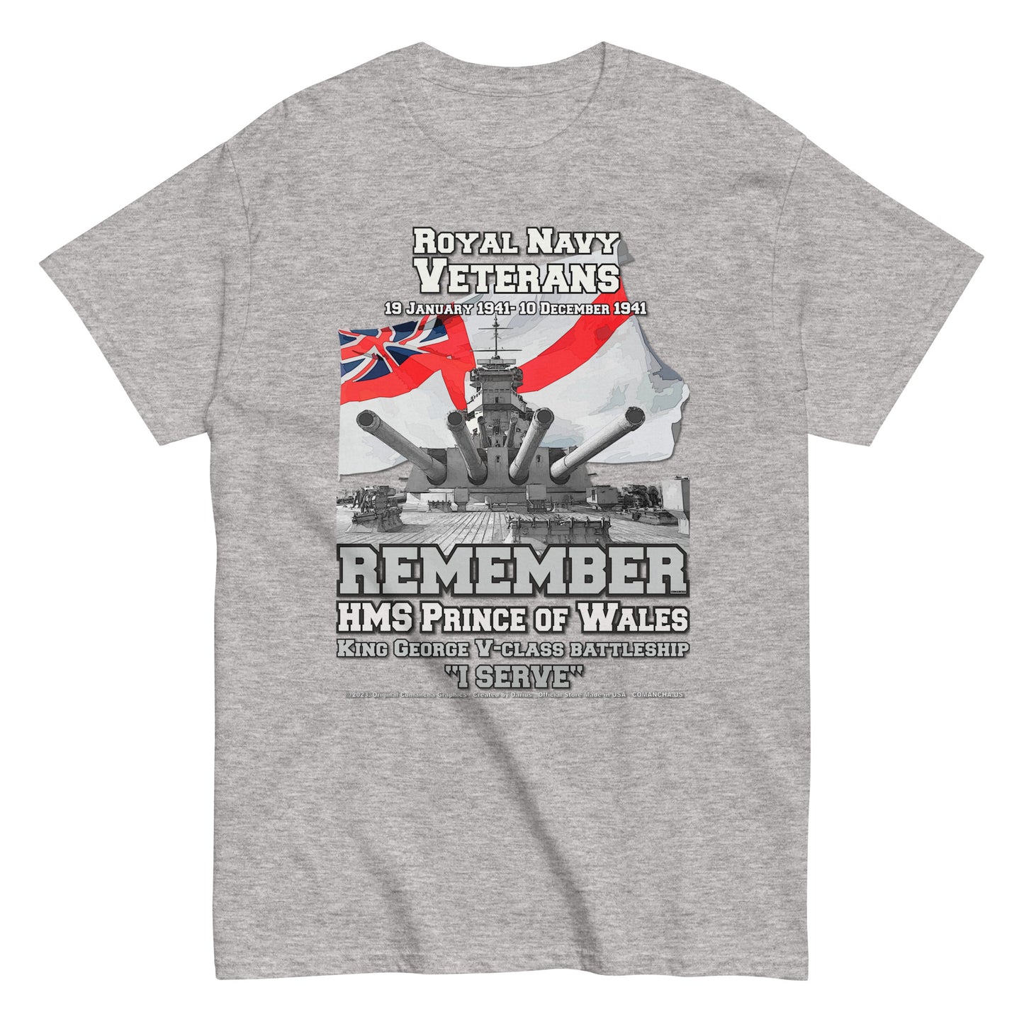 HMS PRINCE OF WALES Royal Navy Battleship T-Shirt, HMS PRINCE OF WALES T-Shirt, HMS PRINCE OF WALES veterans tee, HMS PRINCE OF WALES royal navy tee, comancha tees,