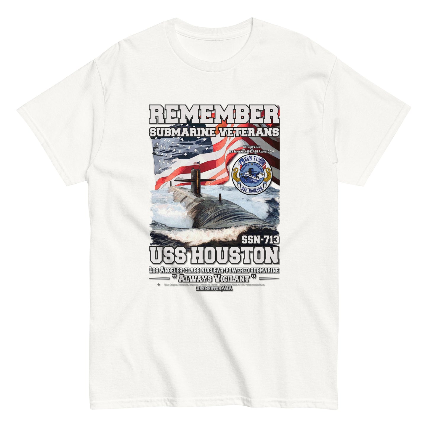 USS HOUSTON SSN-713 t-shirt, Submarine Veterans T-Shirt, Comancha Store, USS HOUSTON SSN-713 Submarine Veterans Classic T-Shirt,T-shirts for US Navy fans, T-shirts with American ships, US Navy veterans t-shirt, US NAVY Ships t-shirt, Veterans, Comancha Store,