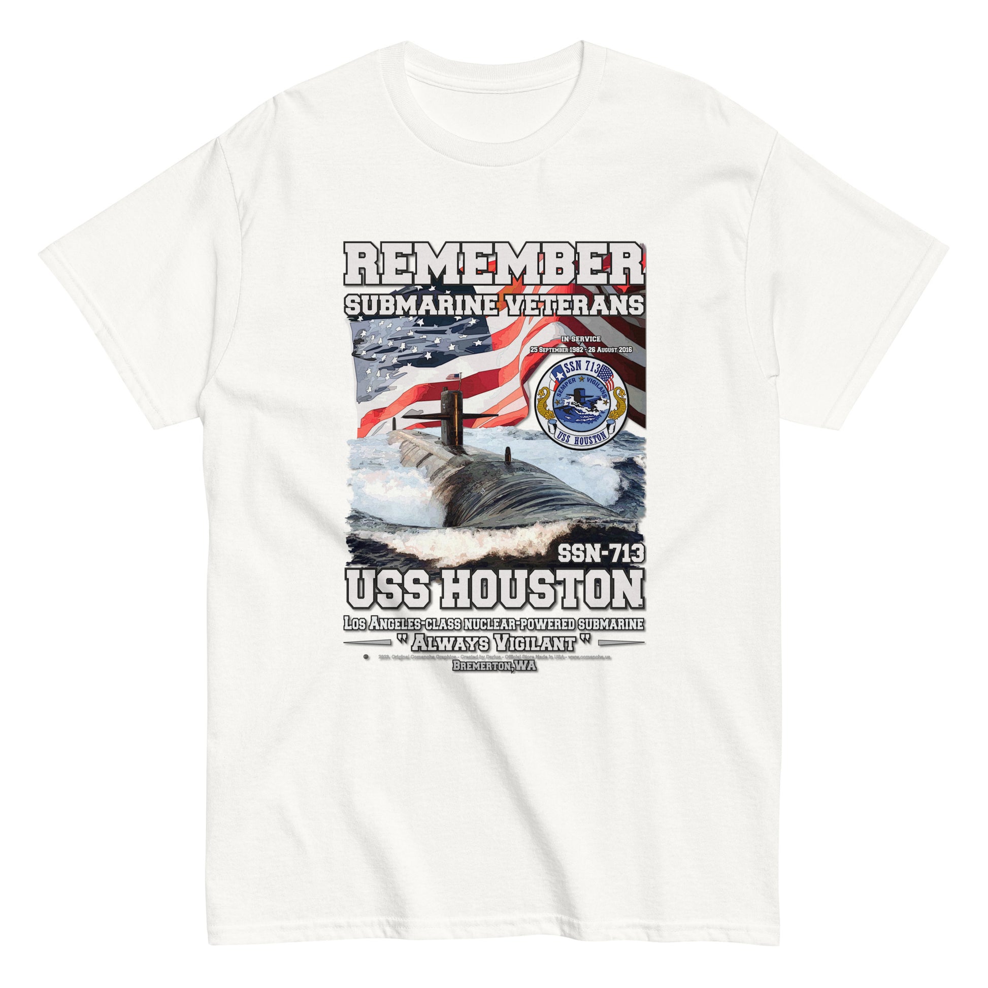 USS HOUSTON SSN-713 t-shirt, Submarine Veterans T-Shirt, Comancha Store, USS HOUSTON SSN-713 Submarine Veterans Classic T-Shirt,T-shirts for US Navy fans, T-shirts with American ships, US Navy veterans t-shirt, US NAVY Ships t-shirt, Veterans, Comancha Store,
