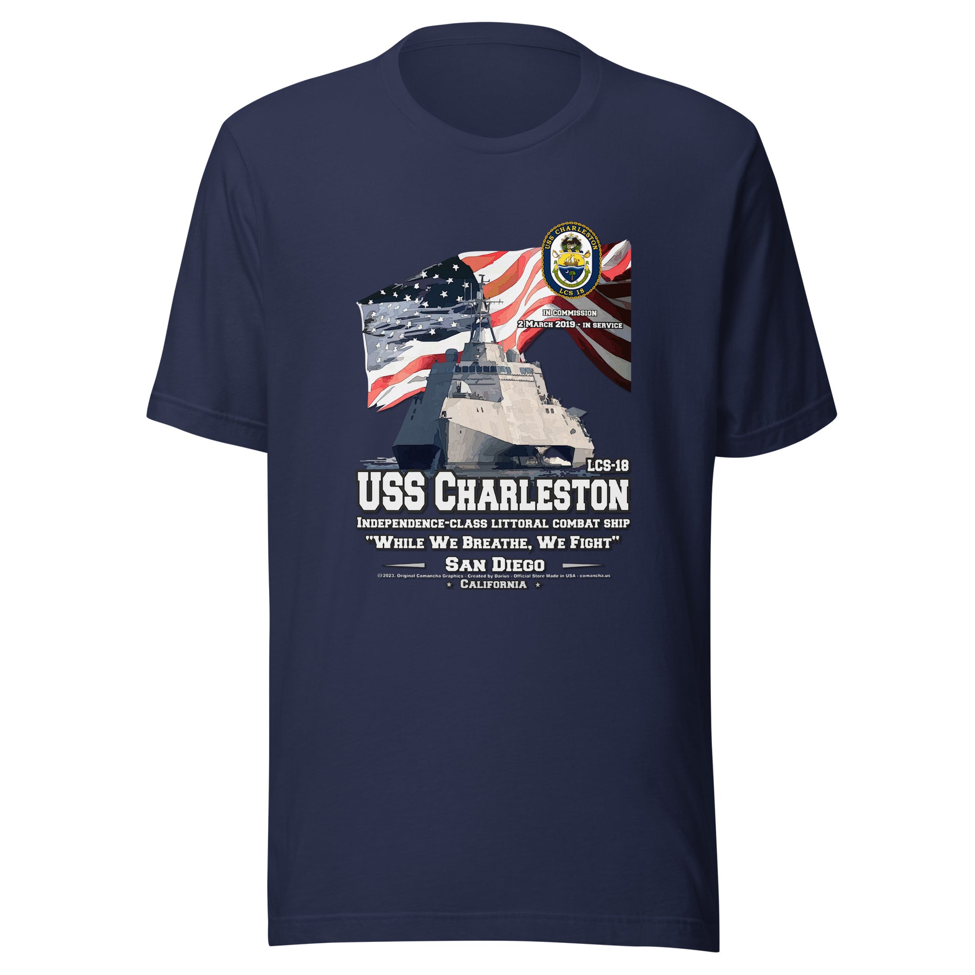 USS CHARLESTON tee,USS CHARLESTON LCS-18 Tee, US Littoral Combat Ship Veterans T-shirts, Comancha T-shirts,