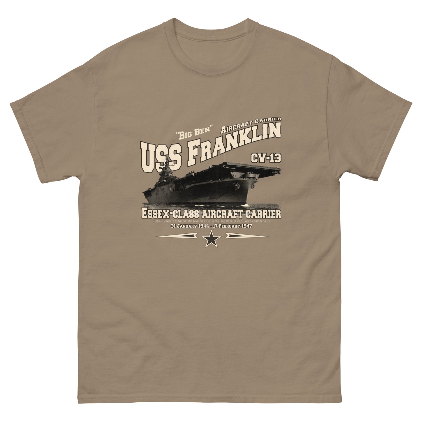 USS FRANKLIN tee,USS FRANKLIN CV-19 t-shirt, US Navy Tee,aircraft carrier veterans T-shirt, Property Comancha Graphics,