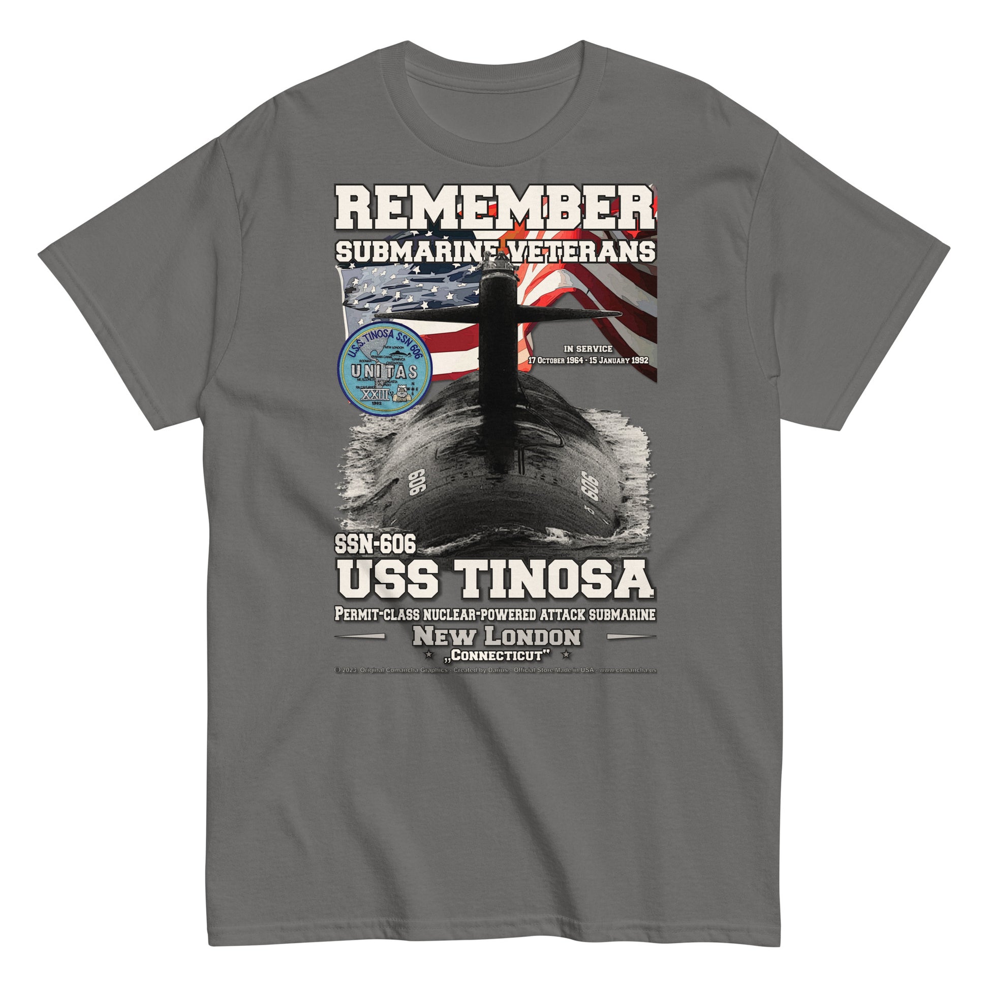 USS TINOSA SSN-606 Attack submarine Veterans T-shirt, Comancha design,