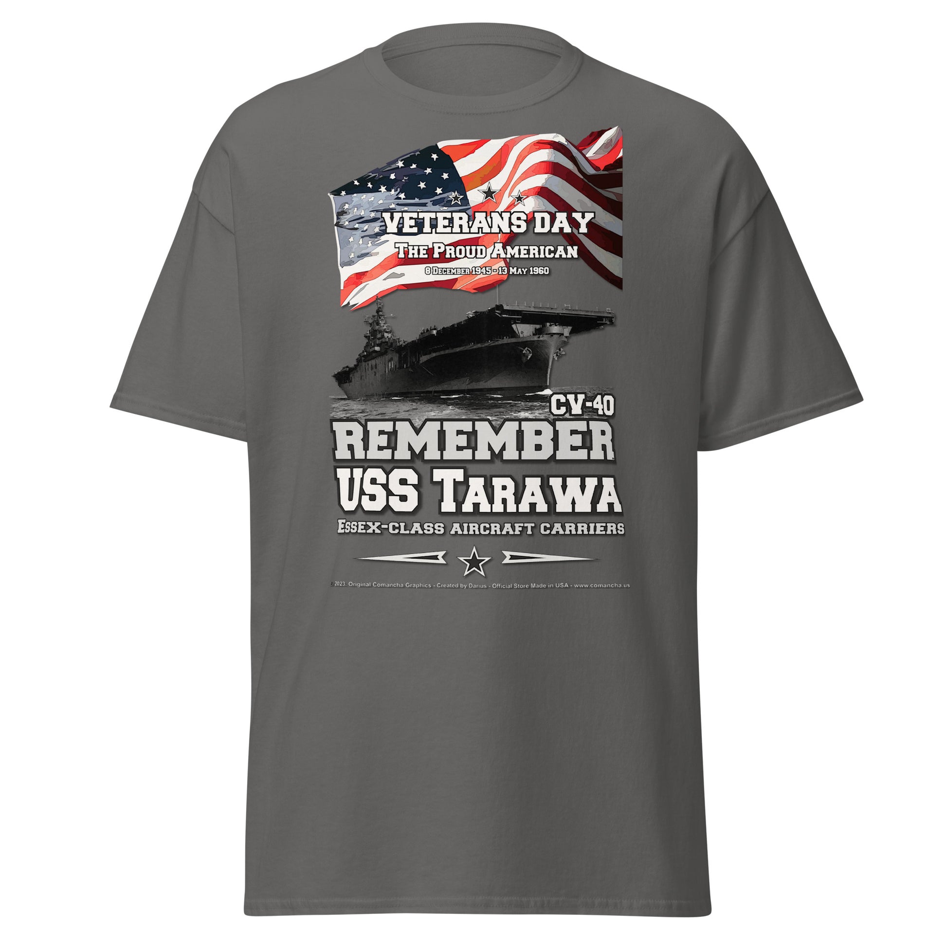 Remember USS TARAWA CV-40 Aircraft Carrier Veterans T-shirt, Comancha Military T-shirts,