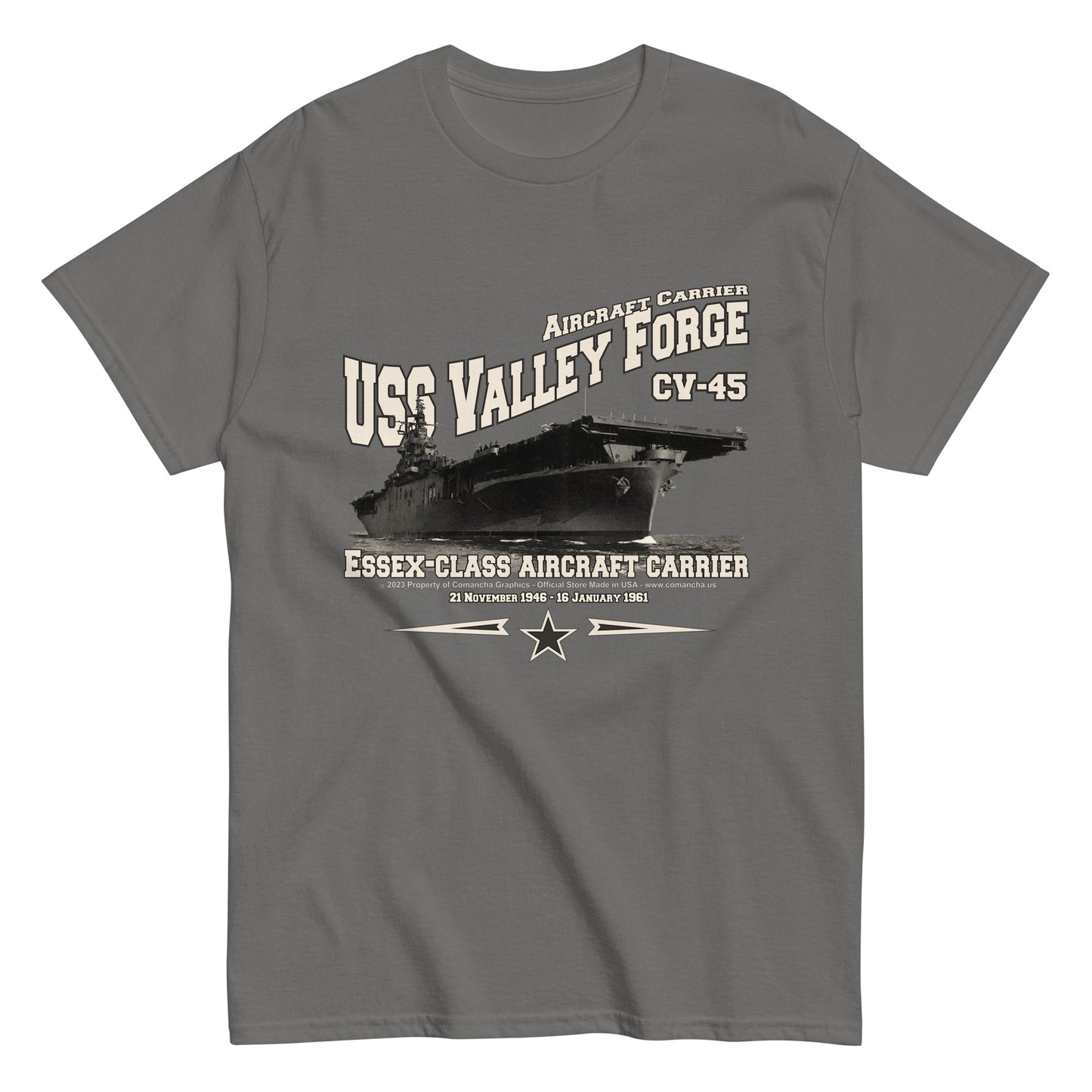 USS VALLEY FORGE t-shirt, USS VALLEY FORGE CV-45 t-shirt, aircraft carrier veterans tee, Original Comancha Graphics, 