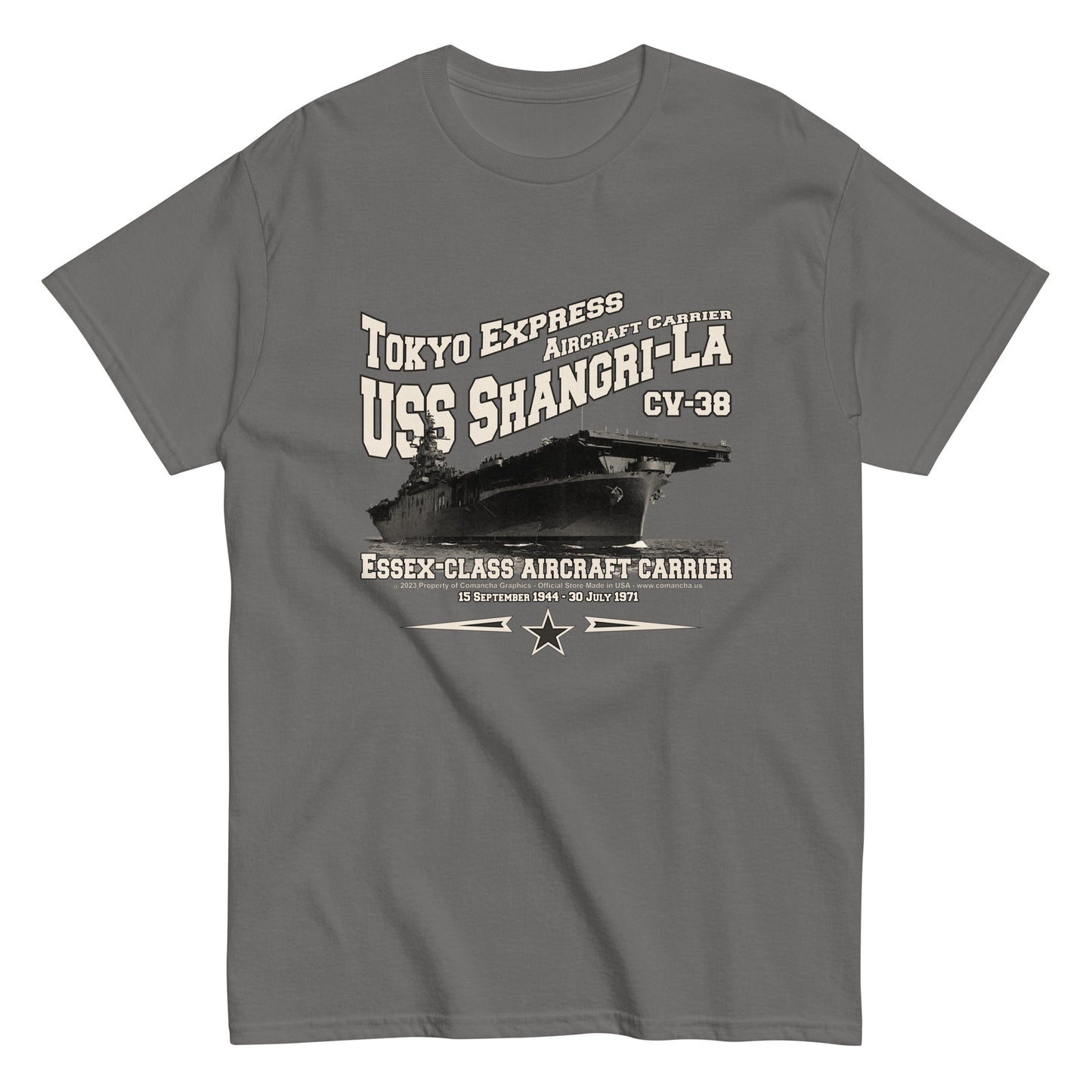 USS SHANGRI LA tee,USS SHANGRI LA CV-38 t-shirt, us navy tee,aircraft carrier veterans T-shirt Property Comancha Graphics,