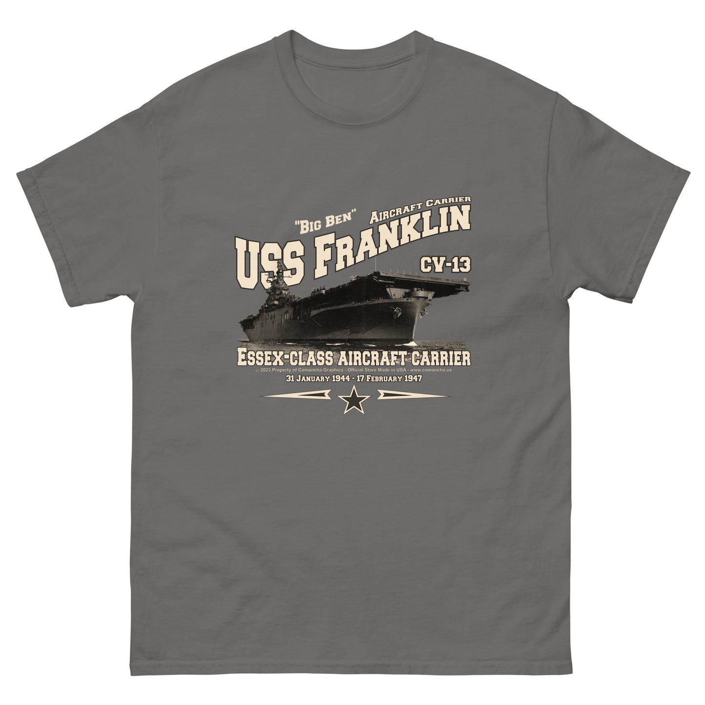 USS FRANKLIN tee,USS FRANKLIN CV-19 t-shirt, US Navy Tee,aircraft carrier veterans T-shirt, Property Comancha Graphics,