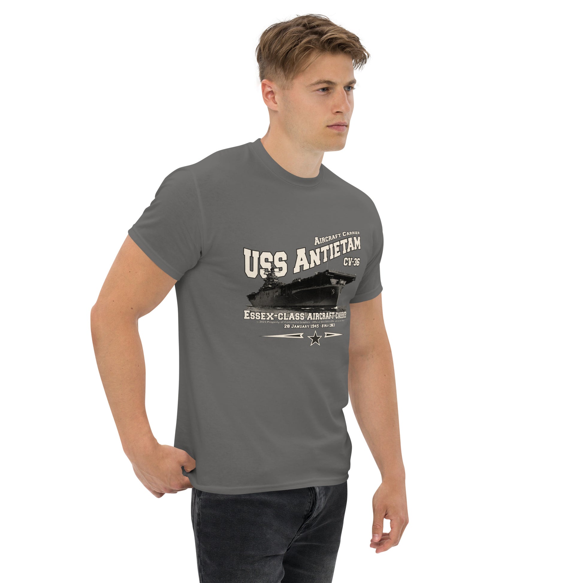 USS ANTIETAM t-shirt, USS ANTIETAM CV-36 t-shirt, aircraft carrier veterans, Original Comancha Graphics,