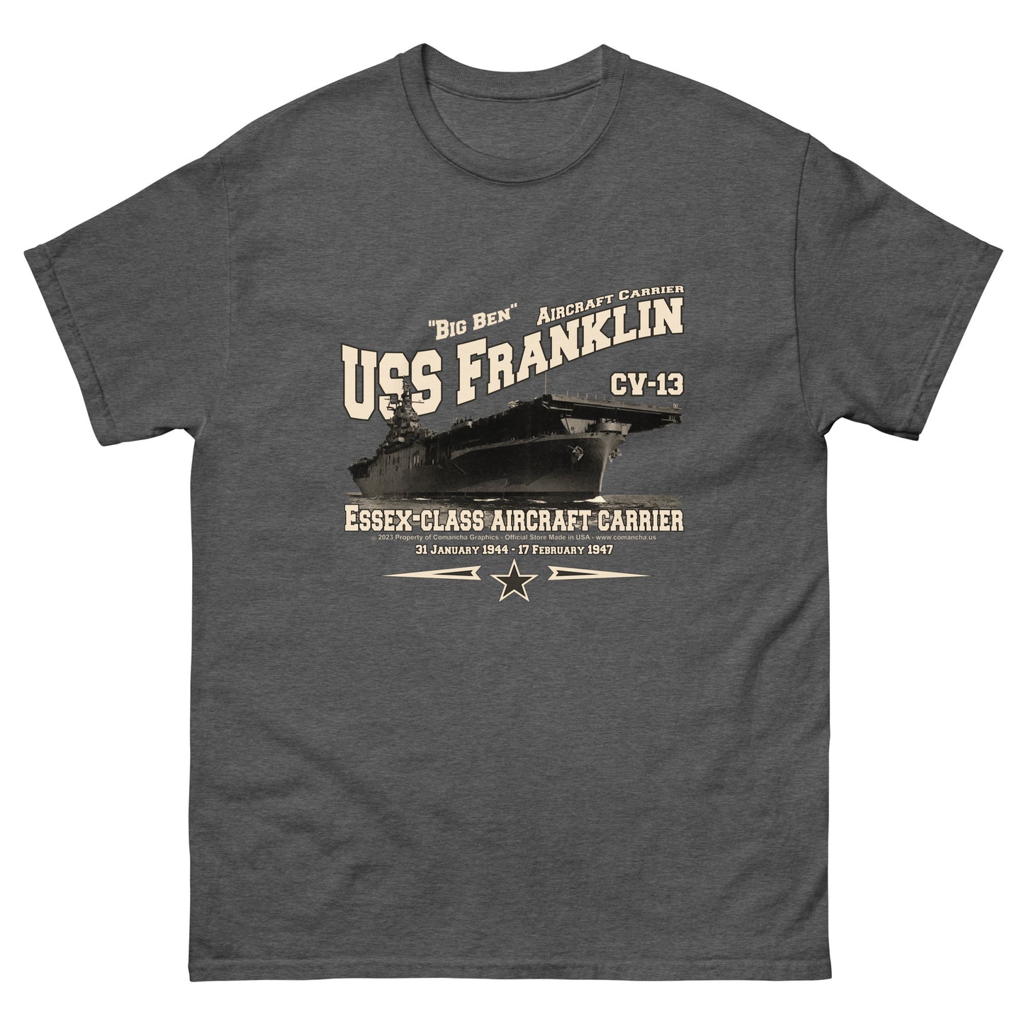 USS FRANKLIN tee,USS FRANKLIN CV-19 t-shirt, US Navy Tee,aircraft carrier veterans T-shirt, Property Comancha Graphics,