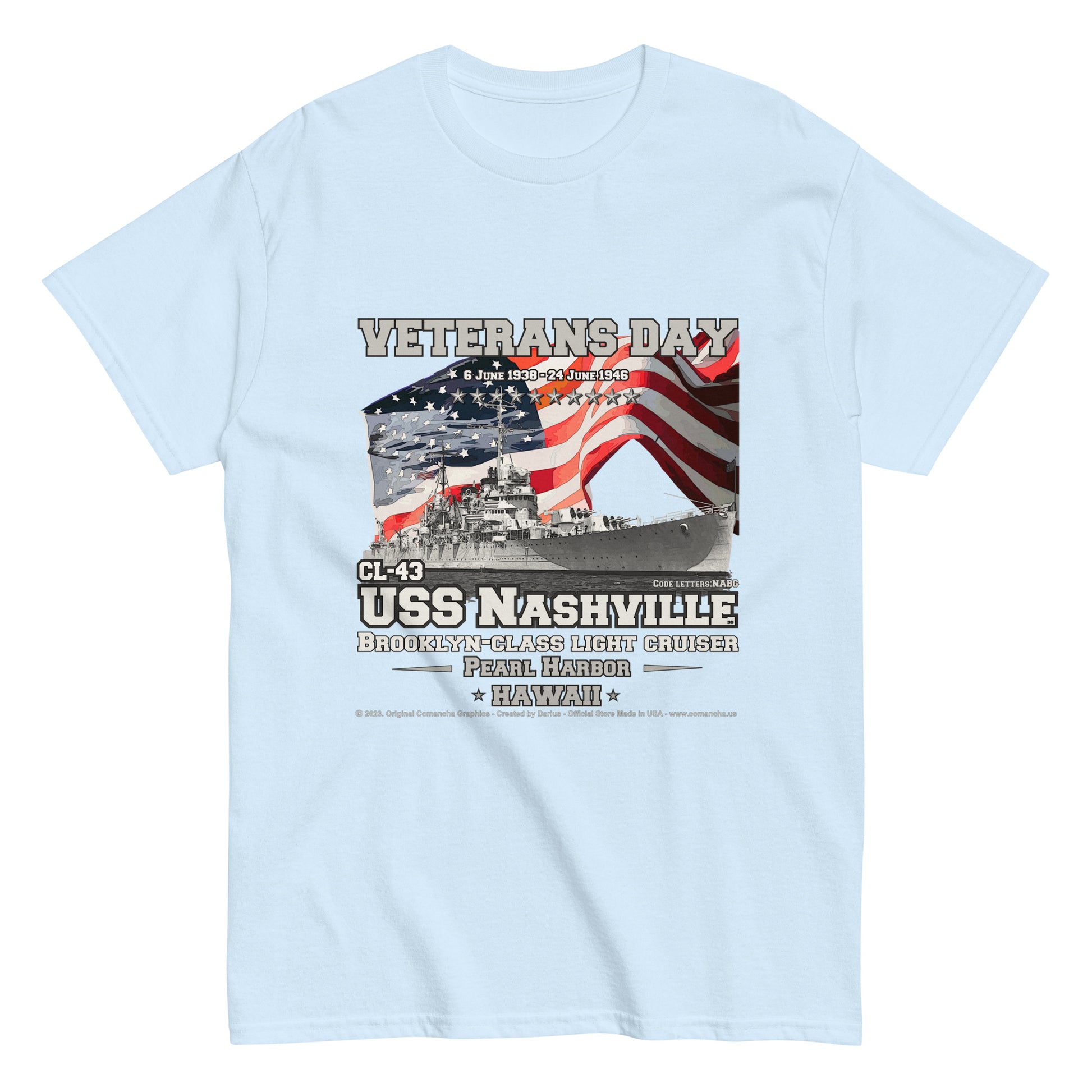 USS NASHVILLE CL-43 Cruiser veterans t-shirt, Comancha,