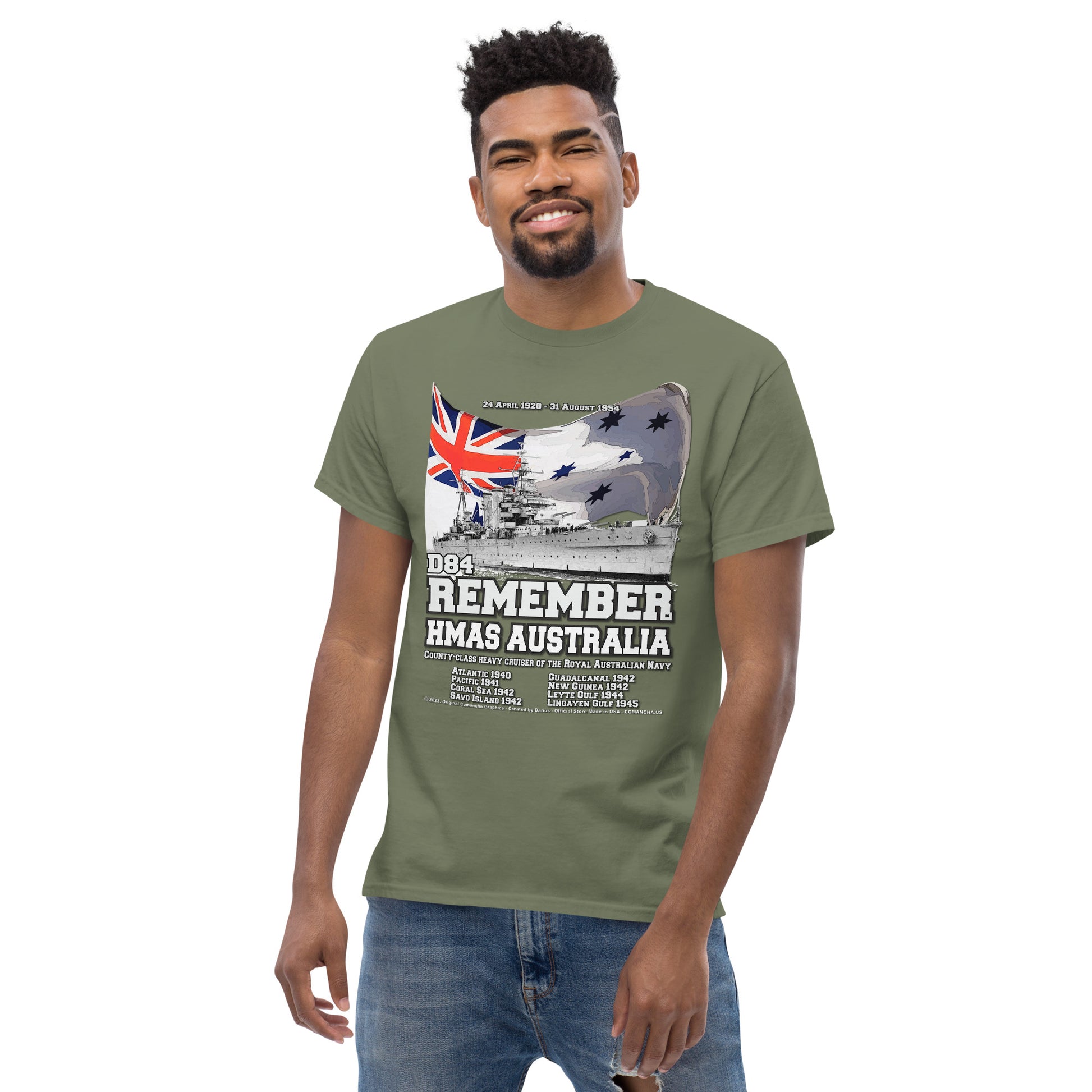 HMAS AUSTRALIA t-shirt, HMAS AUSTRALIA Royal Canadian Navy tee,HMAS AUSTRALIA D-84 Cruiser T-shirt, HMAS AUSTRALIA T-shirt, Comancha tees,