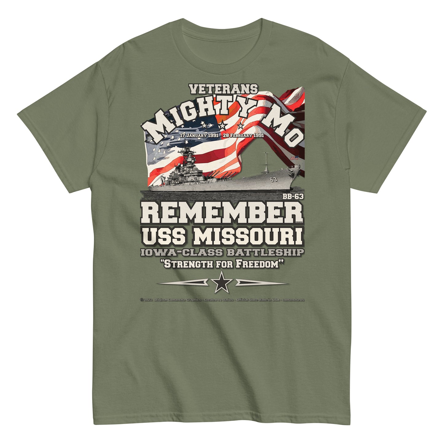 USS Missouri BB-63 US Battleship T-shirt,Mighty Mo veterans, Comancha Design,