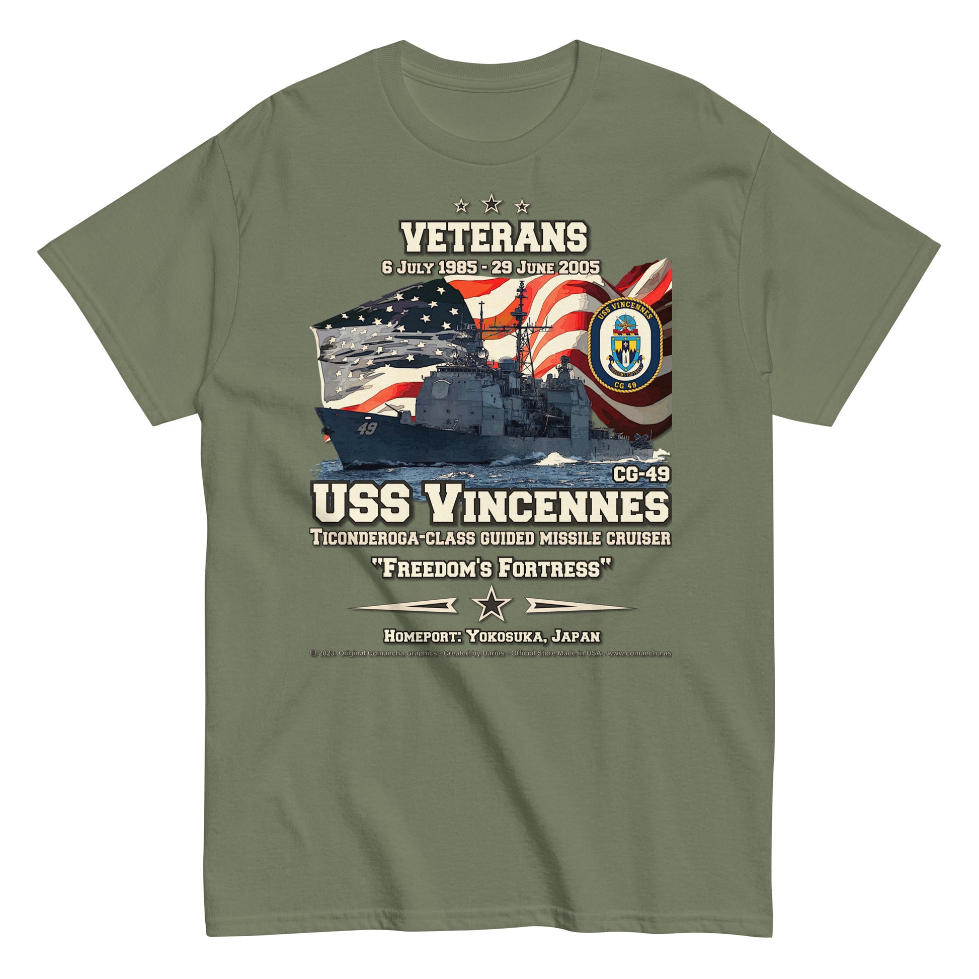 USS VINCENNES CG-49 Missile Cruiser T-shirt, Comancha Design,