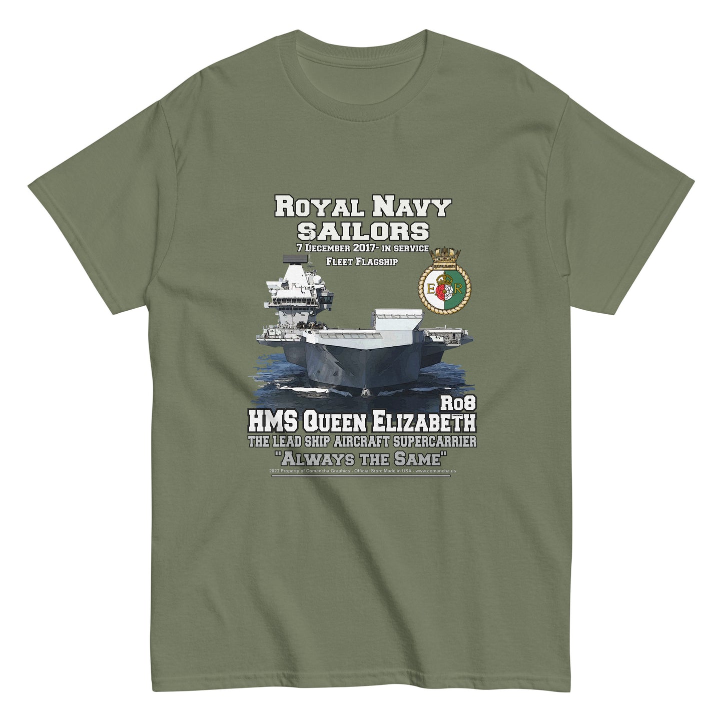 HMS QE2 tee,HMS Queen Elizabeth II veterans tee,HMS Queen Elizabeth II tee,aircraft supercarrier T-shirt, Comancha Graphics,