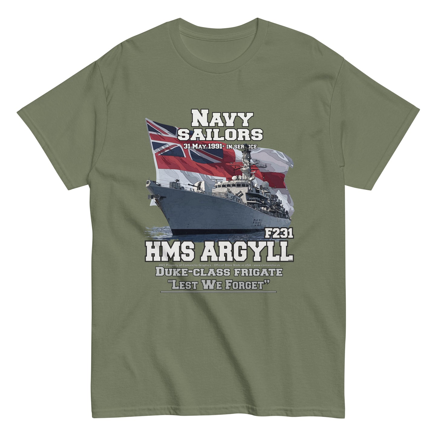 HMS Argyll tee, HMS Argyll veterans tee,HMS Argyll F-231 t-shirt, Frigate T-shirt, Comancha Graphics,