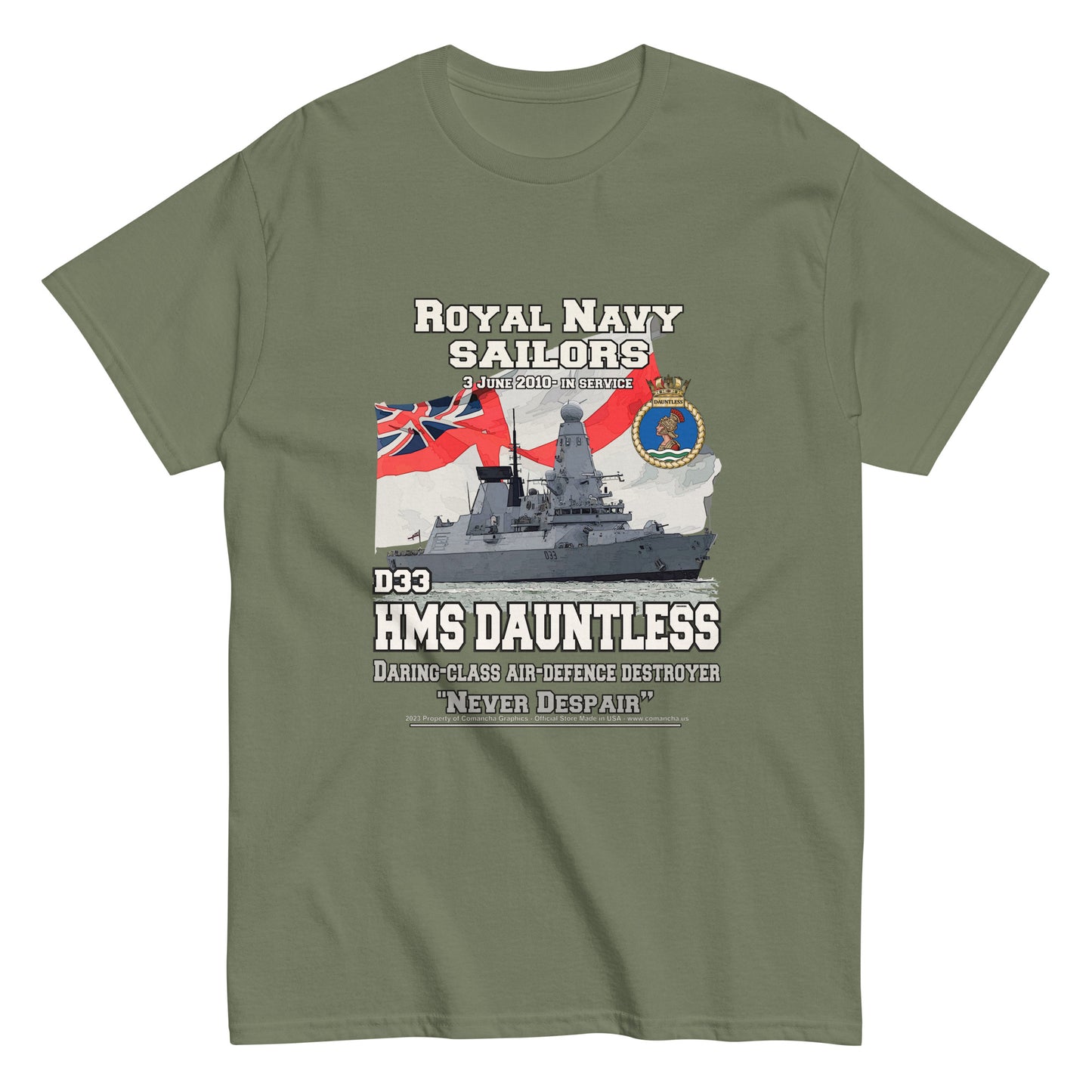 HMS Dauntless tee, HMS Dauntless veterans tee,HMS Dauntless D32 tee,Destroyer T-shirt, Comancha Graphics,