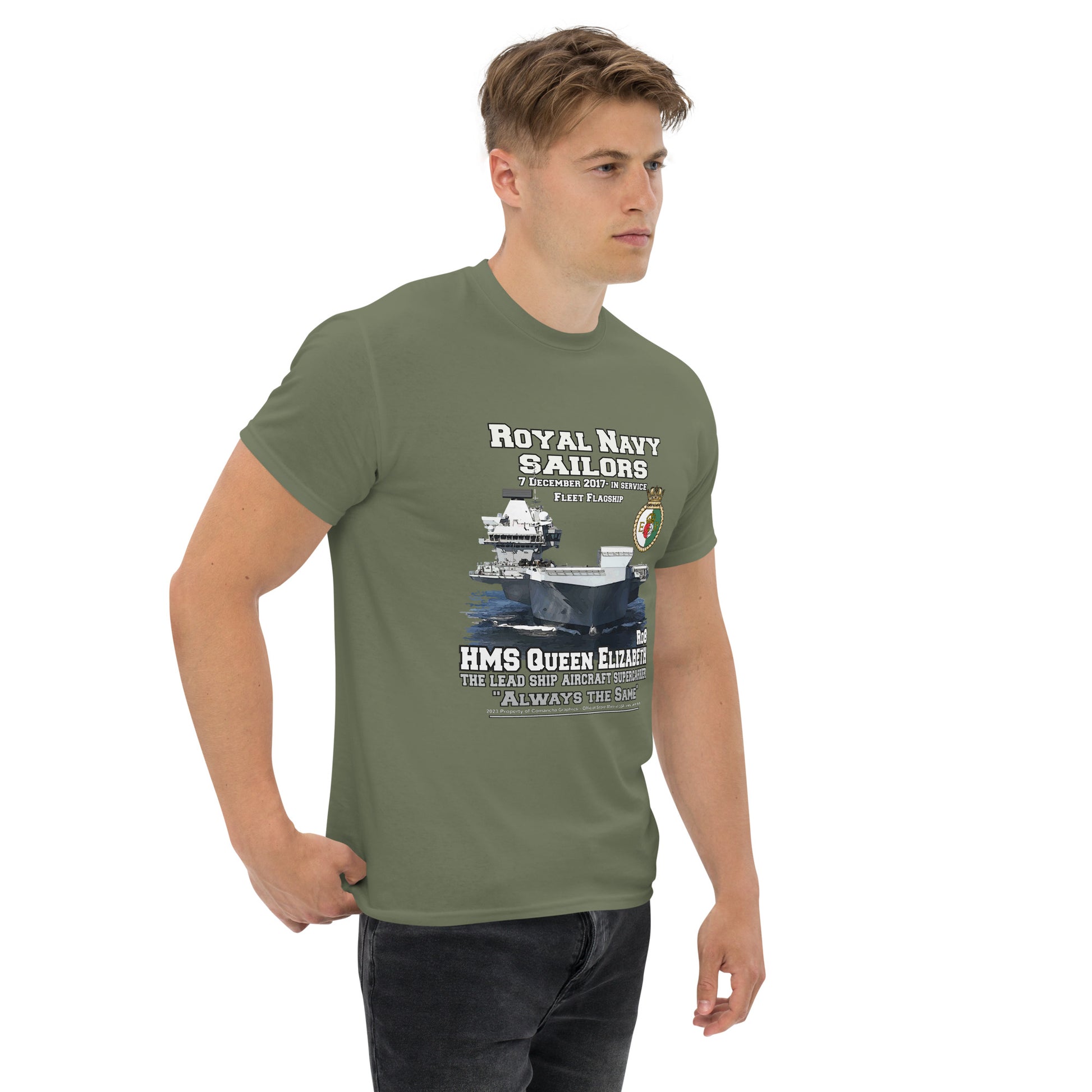 HMS QE2 tee,HMS Queen Elizabeth II veterans tee,HMS Queen Elizabeth II tee,aircraft supercarrier T-shirt, Comancha Graphics,