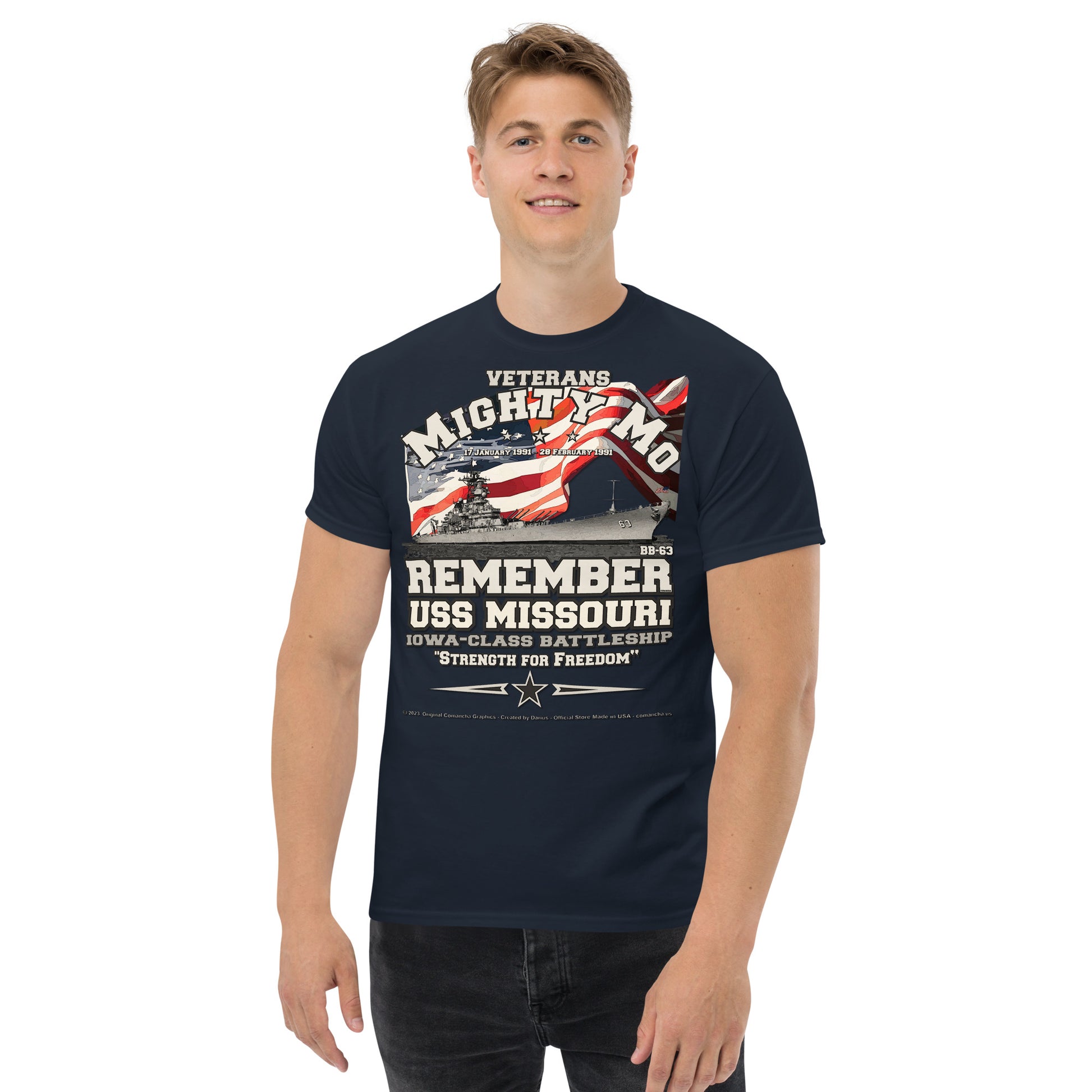 USS Missouri BB-63 US Battleship T-shirt,Mighty Mo veterans, Comancha Design,