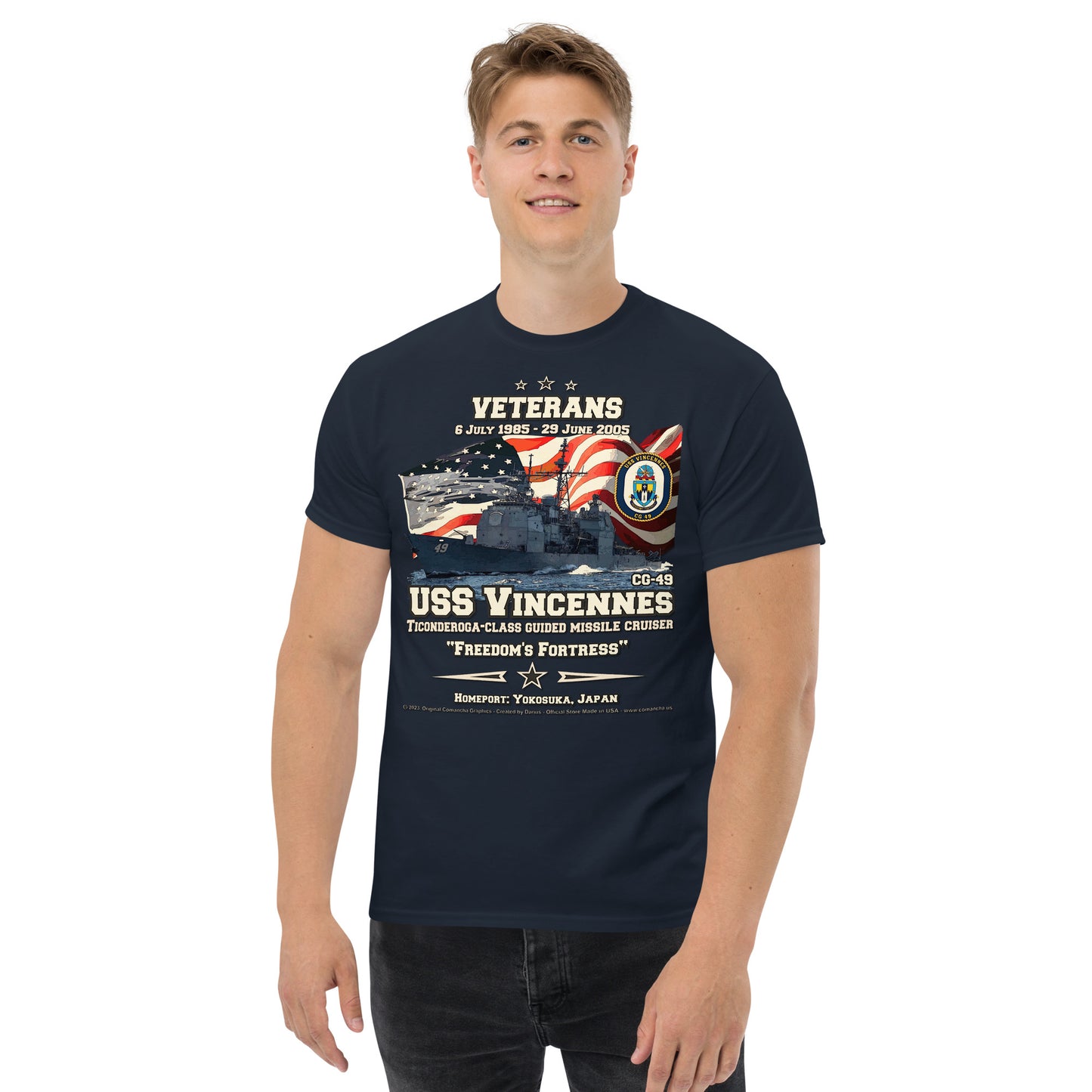 USS VINCENNES CG-49 Missile Cruiser T-shirt, Comancha Design,