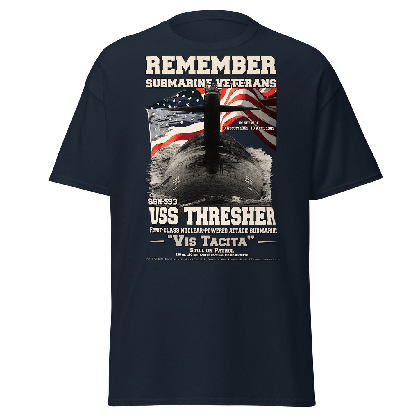 USS THRESHER SSN-593 Submarine Veterans T-Shirt, Comancha Design,