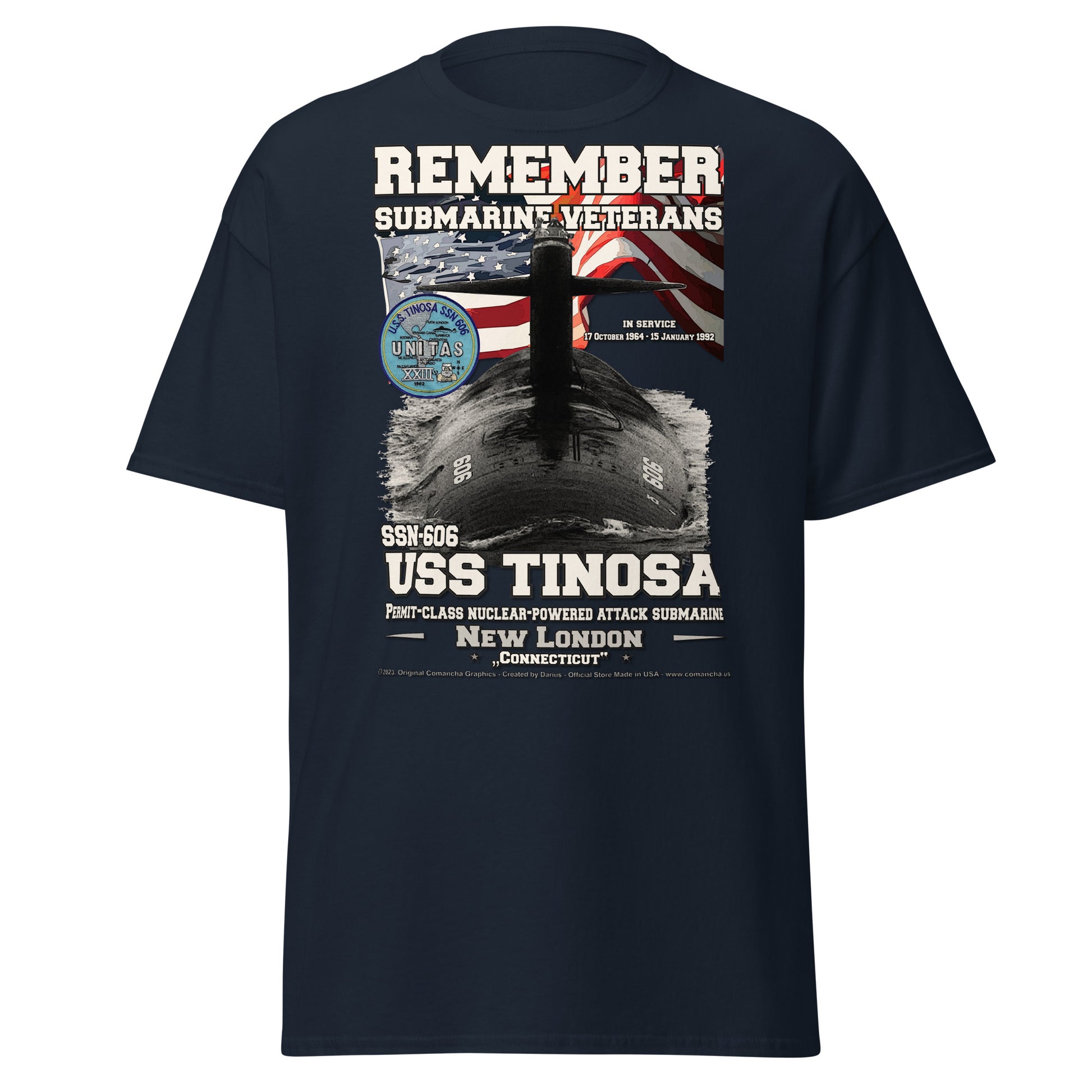 USS TINOSA SSN-606 Attack submarine Veterans T-shirt, Comancha design,