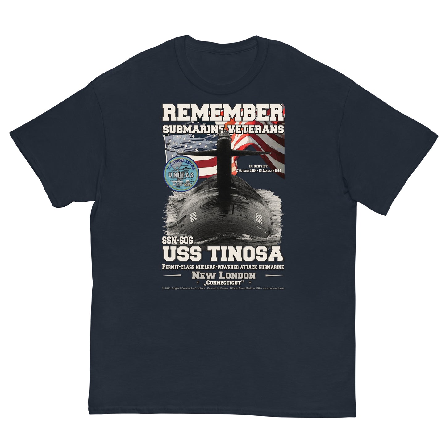 USS TINOSA SSN-606 Attack submarine Veterans T-shirt, Comancha design,