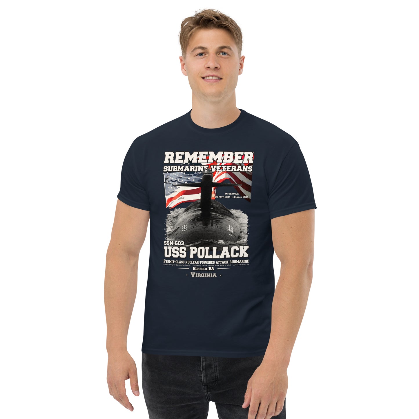 USS POLLACK SSN-603 Submarine Veterans Classic T-Shirt, Comancha Navy Fun T-shirts,