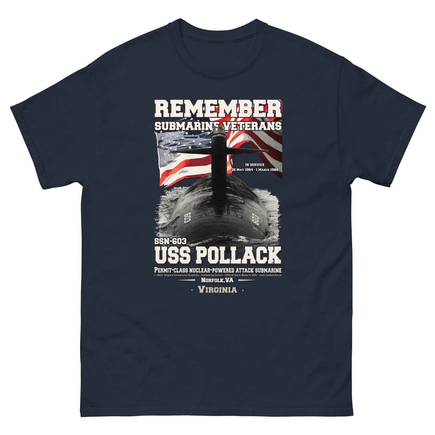 USS POLLACK SSN-603 Submarine Veterans Classic T-Shirt, Comancha Navy Fun T-shirts,