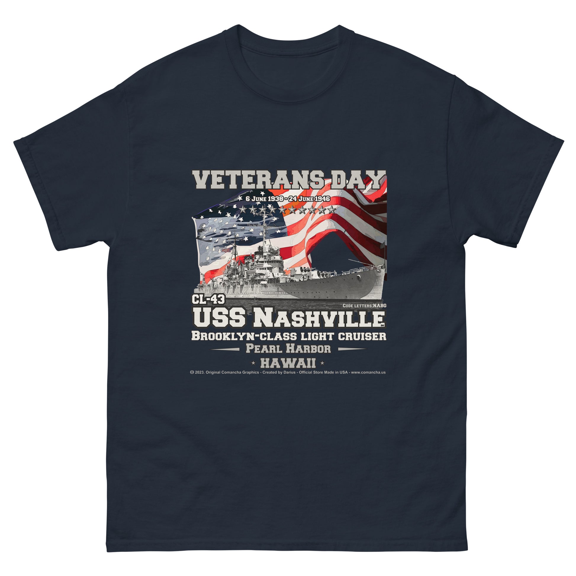 USS NASHVILLE CL-43 Cruiser veterans t-shirt, Comancha,