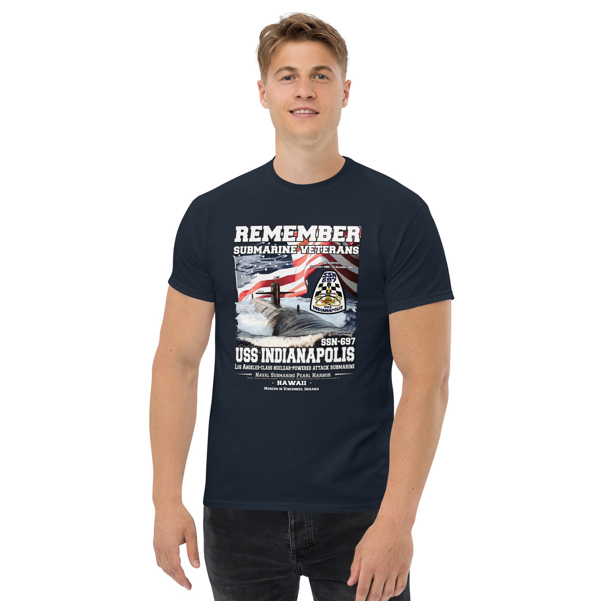 USS INDIANAPOLIS SSN-697 tee, Submarine Veterans Classic t-shirt, Comancha T-shirts,USS INDIANAPOLIS SSN-697 Submarine tee,US NAVY Veterans t-shirt, Comancha US NAvy Ships T-shirts,