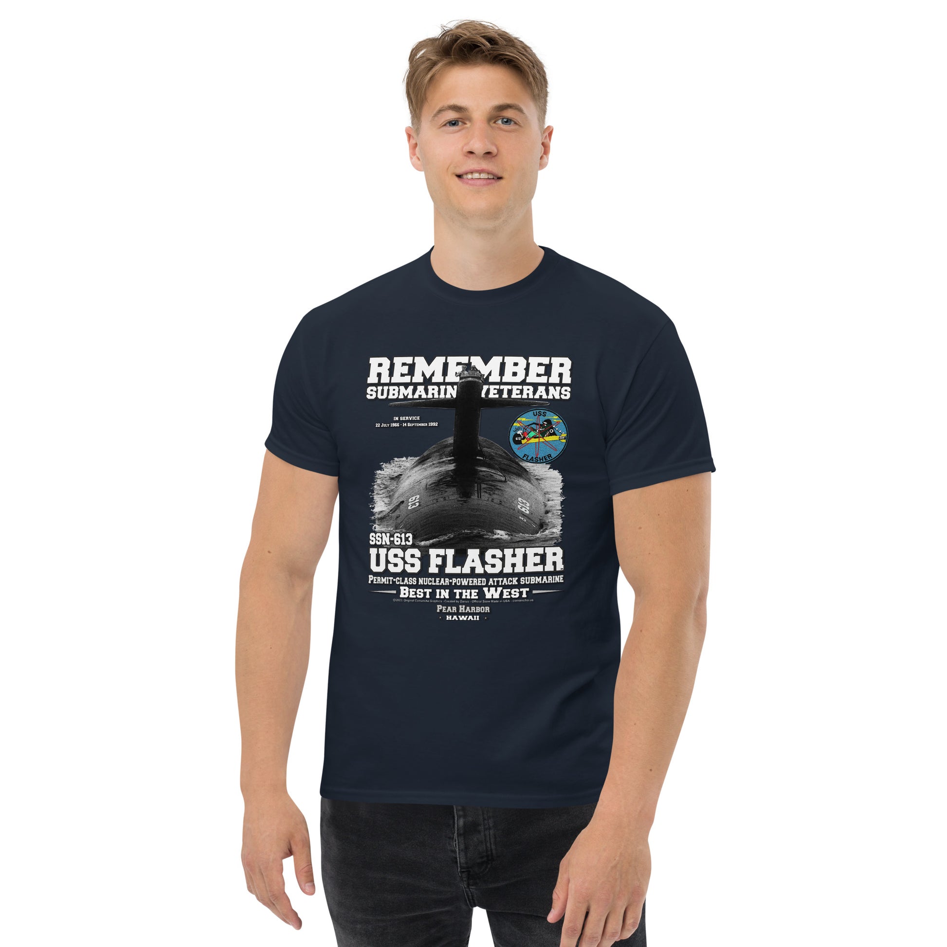 USS FLASHER tee, USS FLASHER veterans tee,USS FLASHER SSN-613 Submarine Veterans Classic Tee, Comancha Navy Design,