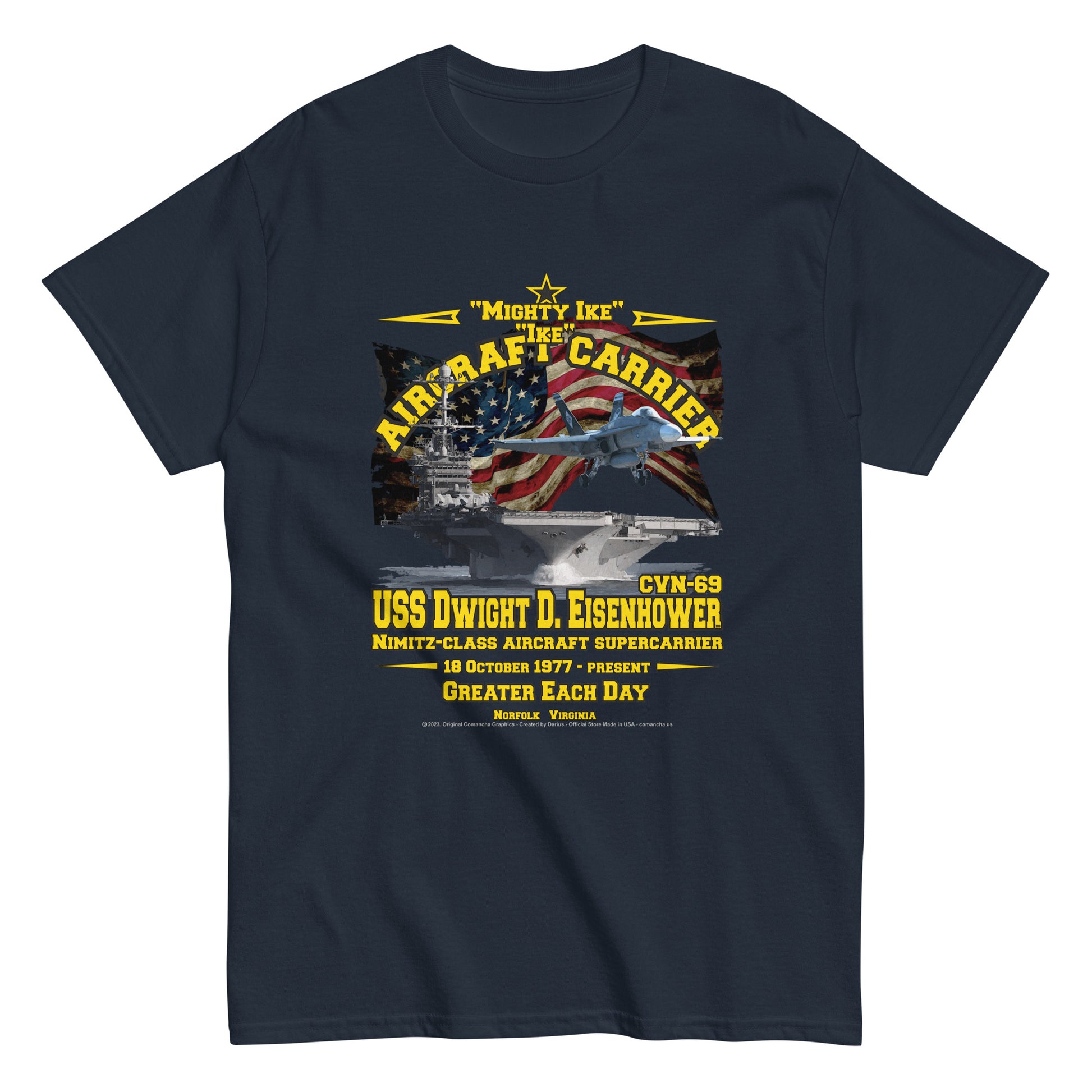 USS DWIGHT EISENHOWER t-shirt, USS DWIGHT EISENHOWER Veterans tee,USS DWIGHT EISENHOWER CVN-69 Aircraft Carrier Veterans Classic Tee, Comancha Online Store,