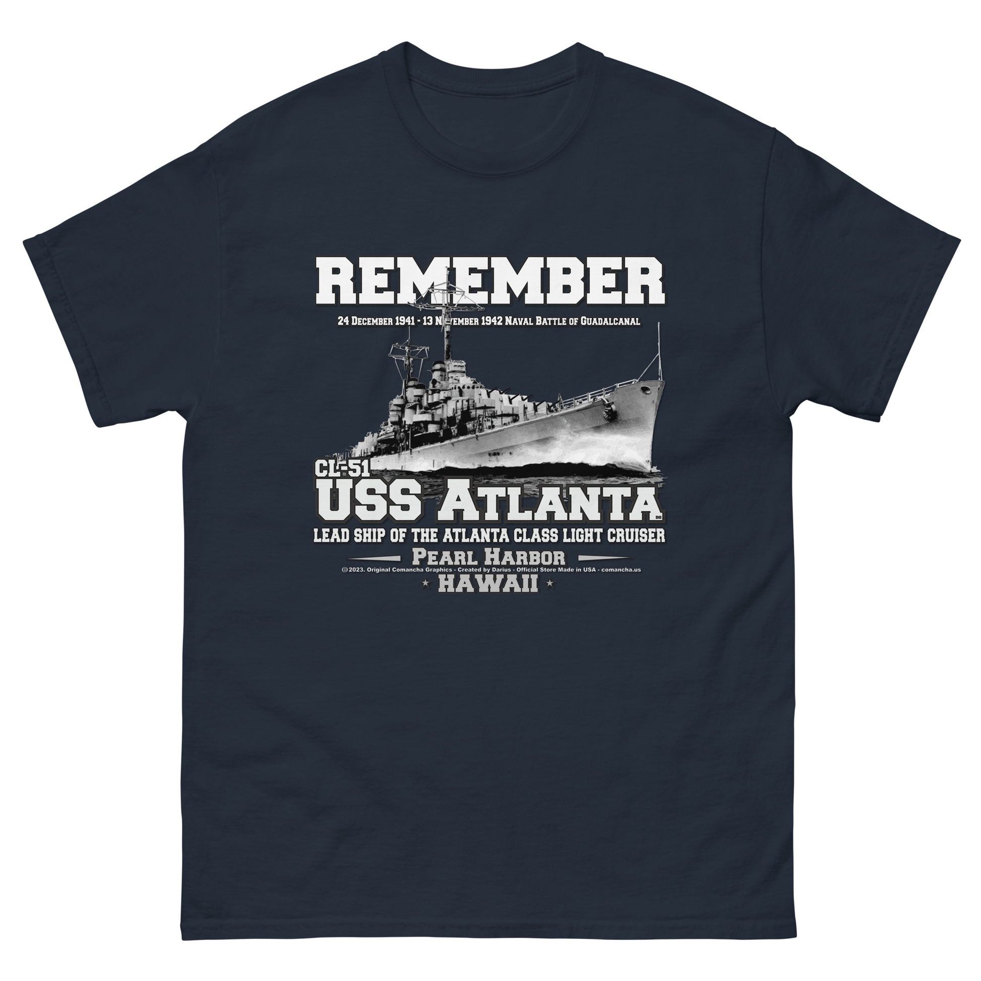 USS ATLANTA t-shirt, USS ATLANTA CL-51 t-shirt, Light Cruiser Veterans T-shirt, USS ATLANTA Vetrans T-shirts, US Navy t-shirt, Comancha Graphics,